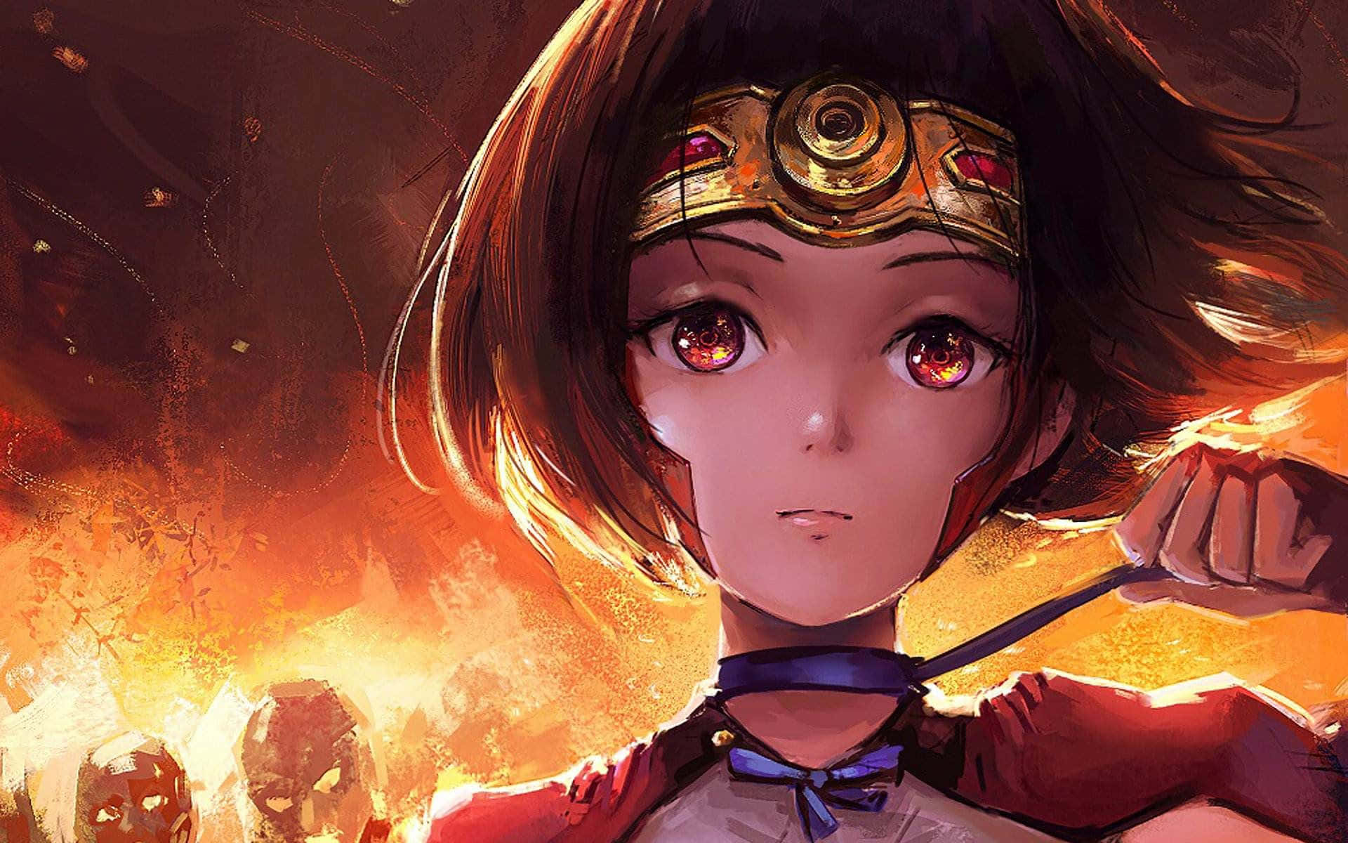 Kabaneri Of The Iron Fortress 桌布 壁紙 — 一個眼神熾熱、戴著金色頭帶的決心動漫女孩，在熾熱的橙色背景前挑釁地站立。