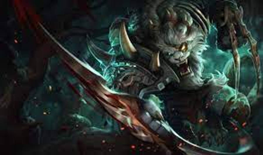 2440x1440 桌布 壁紙 — 一個眼神發光的兇猛惡魔戰士，在旋轉的深綠色和紅色能量中揮舞著彎曲的刀刃。