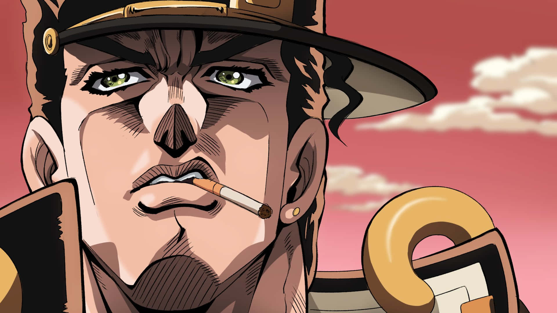Stardust Crusaders 桌布 壁紙 — 一個眼神銳利、嘴叼香煙的粗獷動漫角色，在粉紅色的雲天下凝視著。
