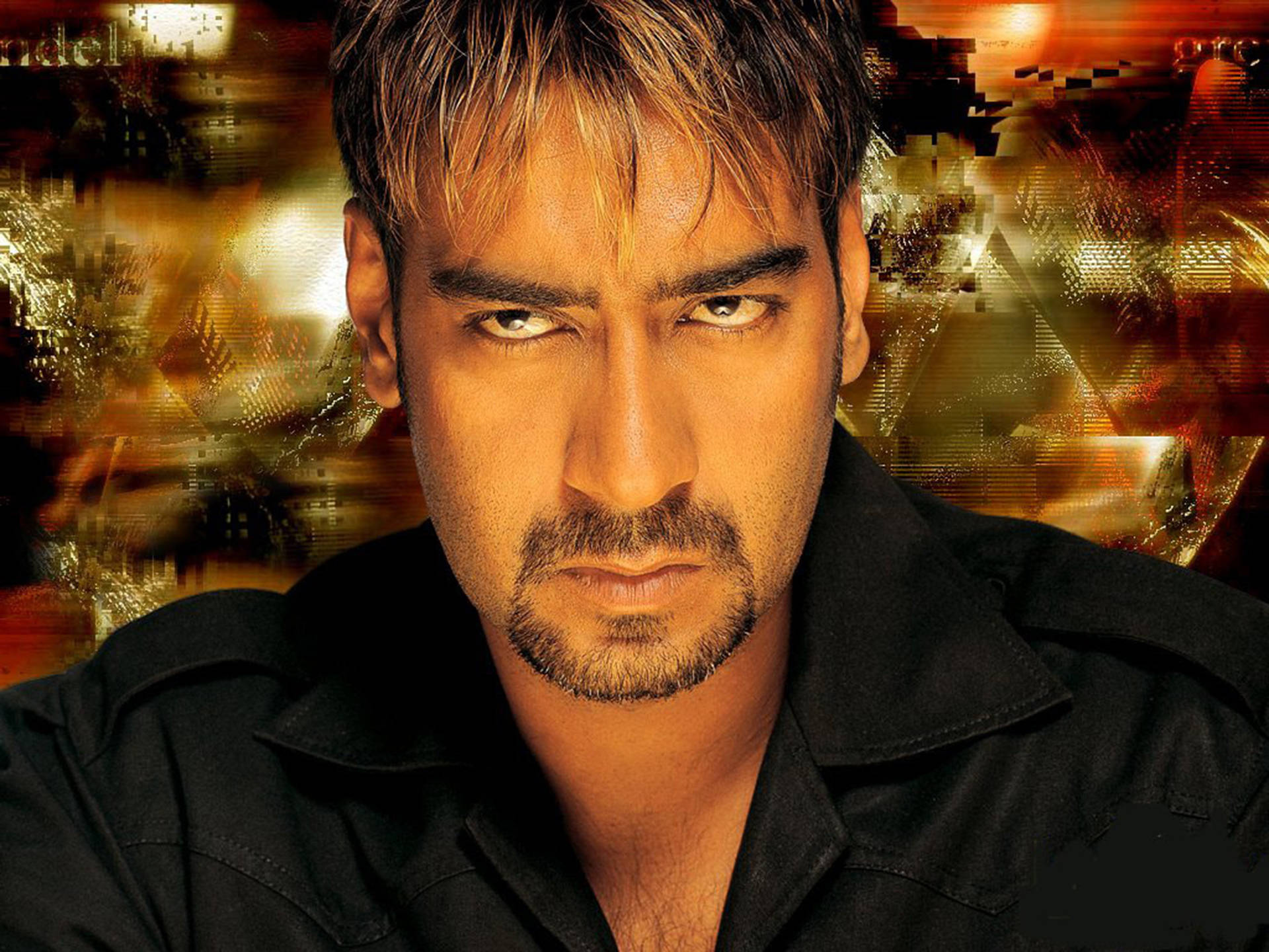 ajay devgn 桌布 壁紙 — 一個眼神銳利、鬍渣未刮的男人，在熾熱的抽象數位背景前凝視前方。