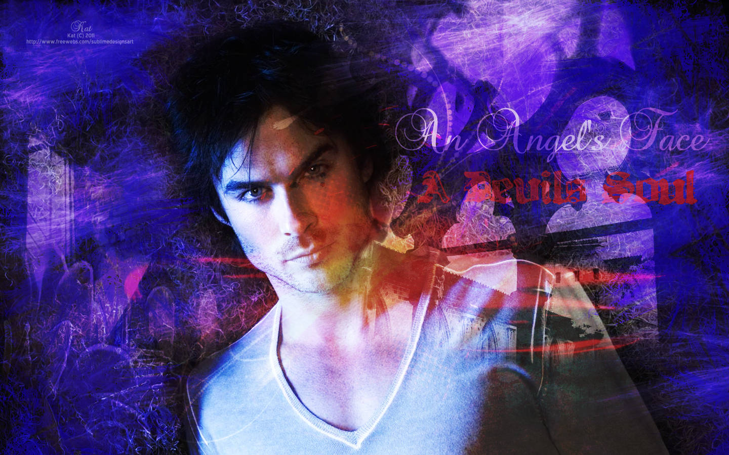 Damon Salvatore 桌布 壁紙 — 一個眼神銳利的男人凝視前方，背景是旋轉的紫色和紅色抽象背景，帶有幽靈般的疊加效果。