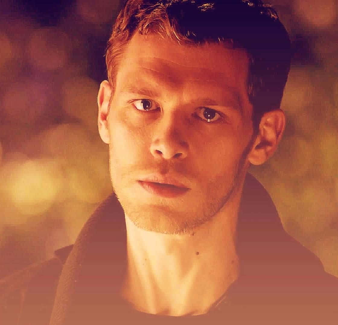 Vampire Diaries 桌布 壁紙 — 一個眼神銳利的男人在溫暖的金色燈光下，對著模糊的散景背景向前凝視。