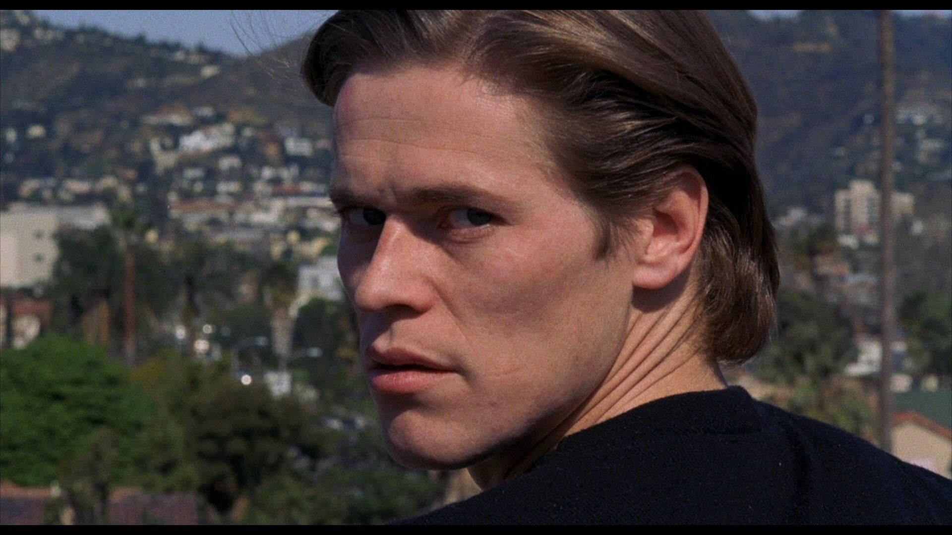 Willem Dafoe 桌布 壁紙 — 一個眼神銳利的男人越過肩膀望向陽光普照的山丘城市景觀，有棕櫚樹和房屋。