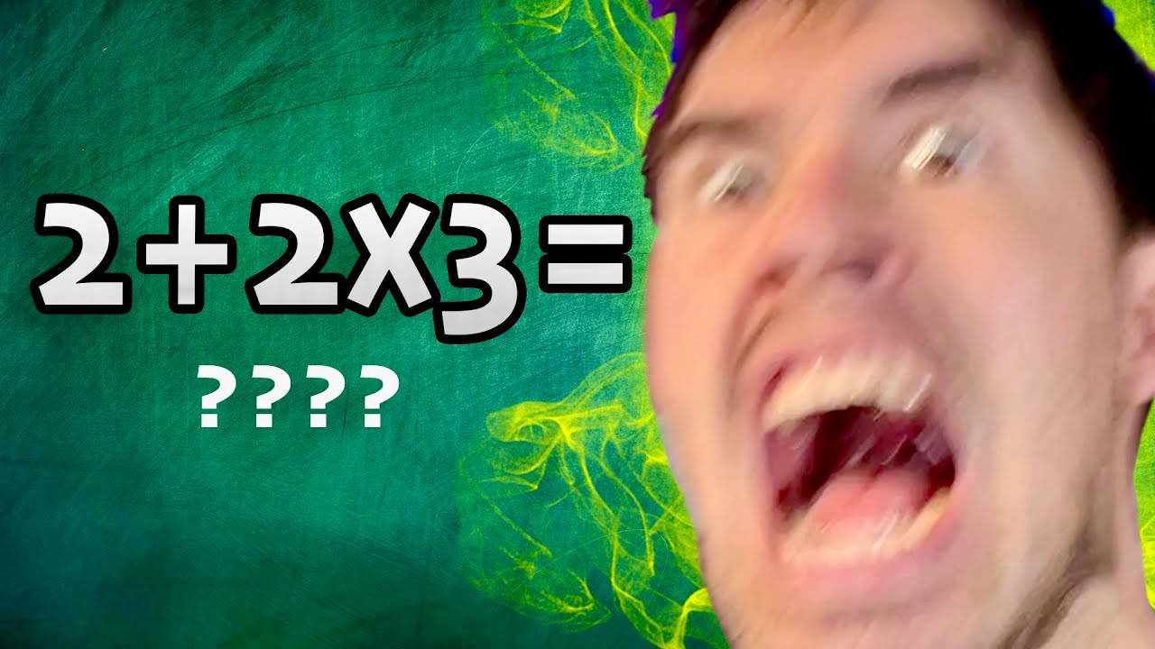 數學 桌布 壁紙 — 一個睜大眼睛、張開嘴巴的男人在數學方程式 2+2x3= 旁邊尖叫，並帶有問號。