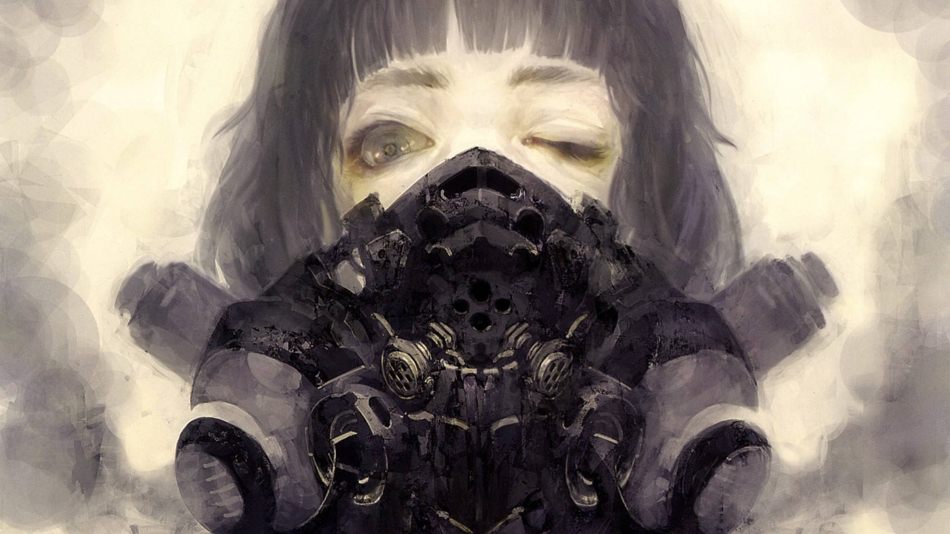 Oni 桌布 壁紙 — 一個睜著一隻眼的年輕女孩，在煙霧瀰漫的灰色背景下戴著一個厚重的黑色防毒面具。