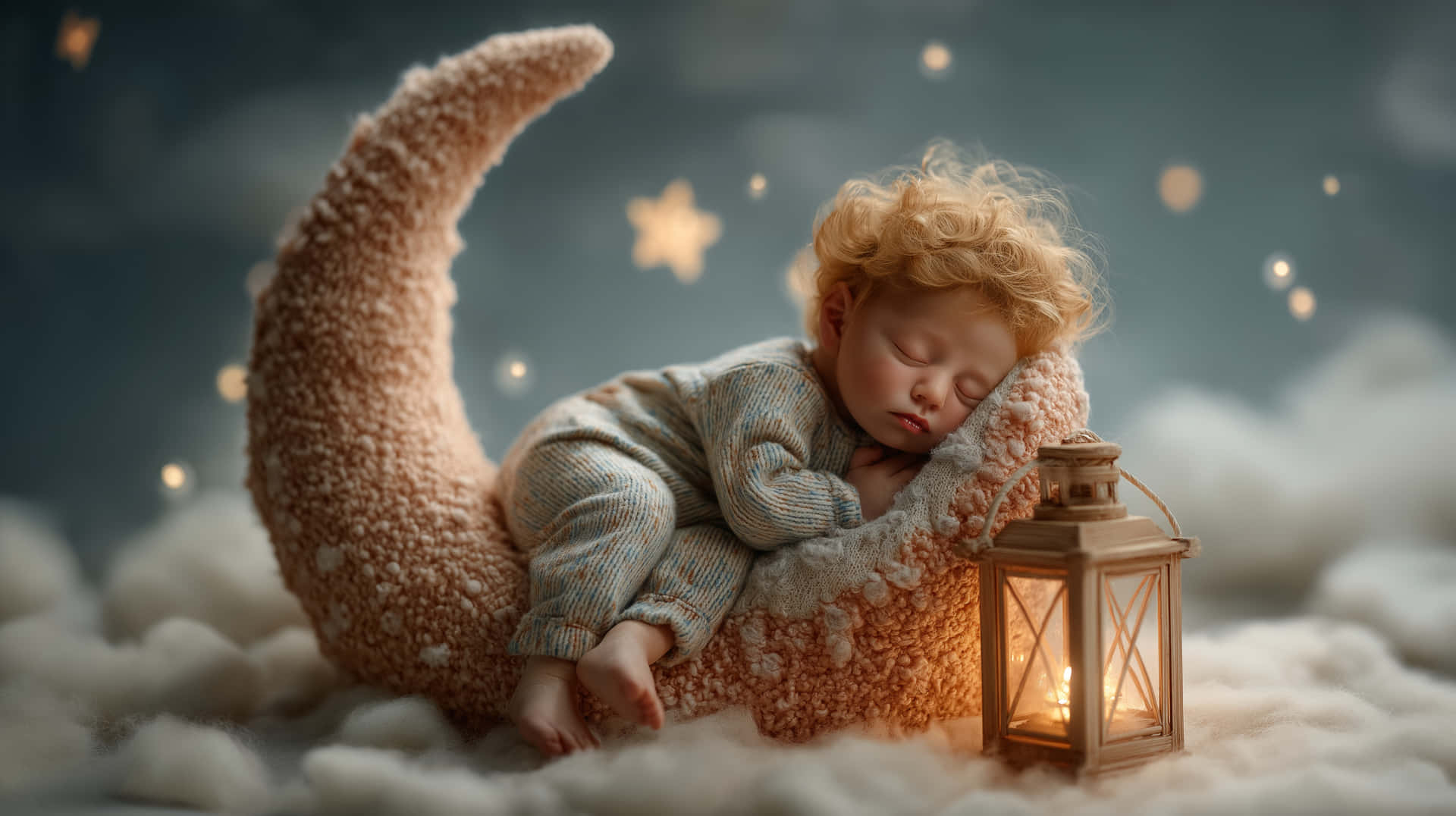 Adorable Newborn Baby Asleep on a Cozy Moon with Glowing Stars 壁紙 — 一個睡著的捲髮嬰兒在一個被雲朵和閃爍星星包圍的蓬鬆新月上安詳地休息，旁邊有一盞燈籠。