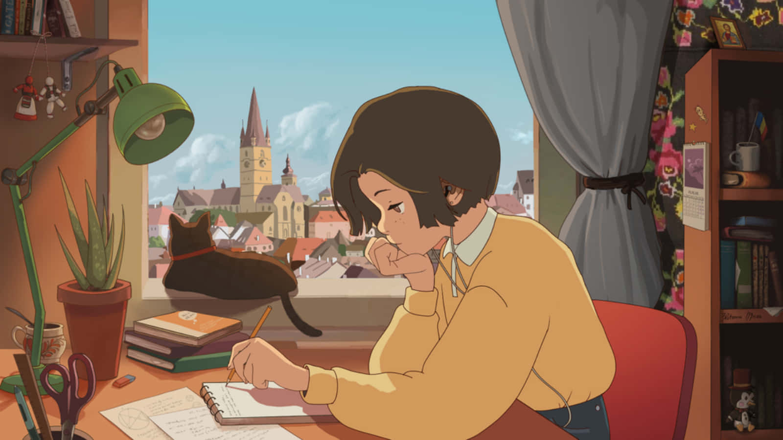 Study Aesthetic 桌布 壁紙 — 一個短棕髮的女孩在木桌前寫筆記，窗外可俯瞰歐洲小鎮，窗台上有一隻貓咪休息。