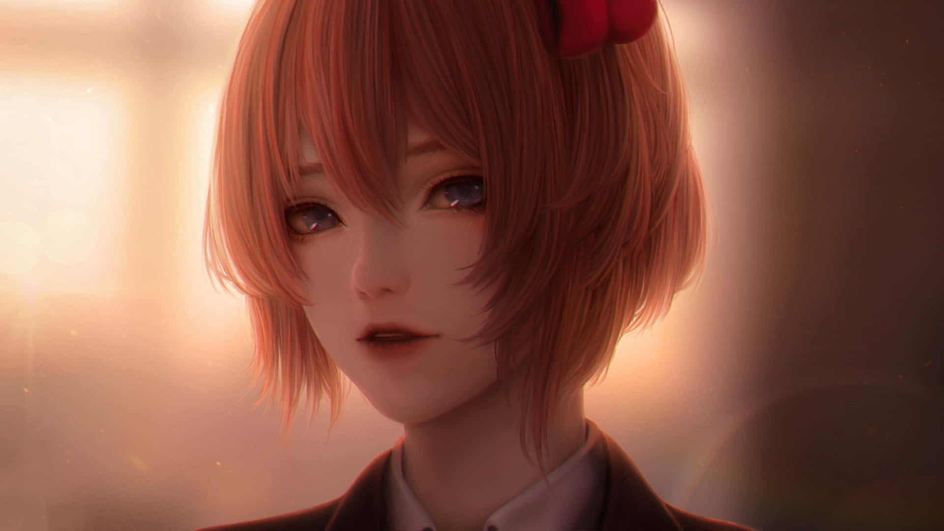 Doki Doki 桌布 壁紙 — 一個短粉紅頭髮、戴紅色蝴蝶結的動漫女孩的特寫，在溫暖發光的背景下溫柔地凝視。