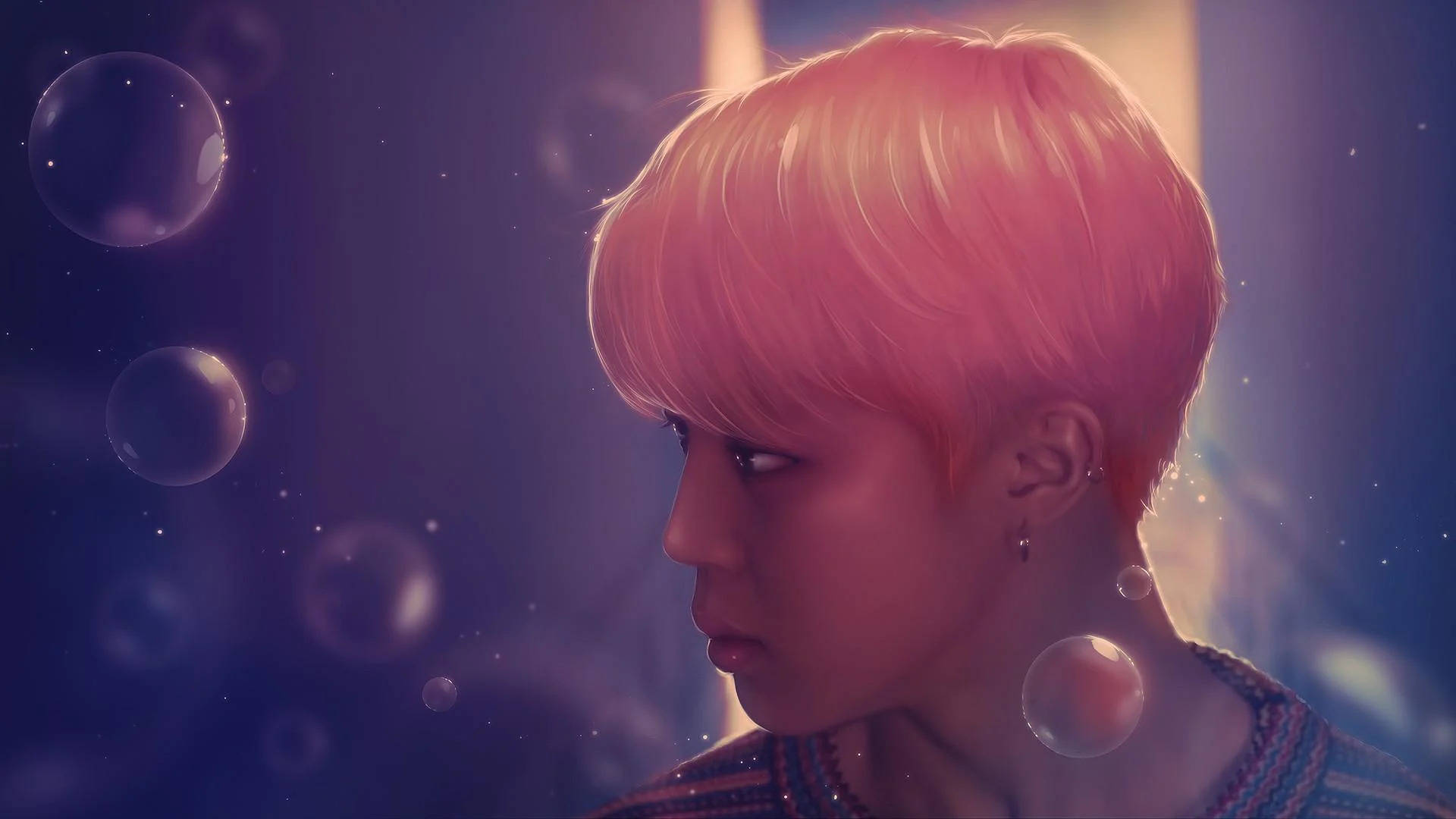 Jimin Bts Cute 桌布 壁紙 — 一個短粉紅髮的人若有所思地凝視著發光的泡泡在夢幻般的紫色場景中飄過。