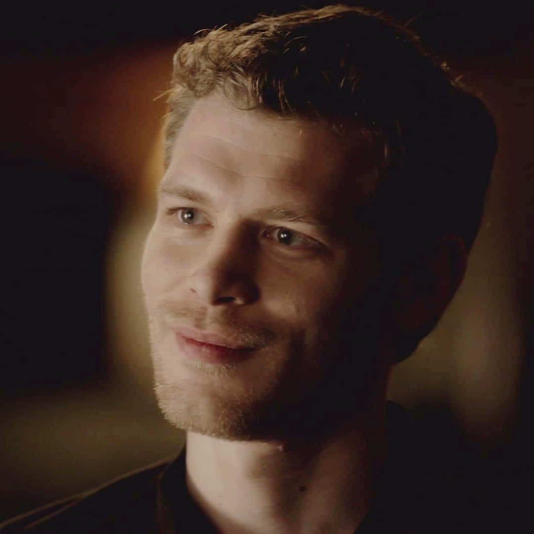 Vampire Diaries 桌布 壁紙 — 一個短金髮、帶鬍渣的男人在溫暖昏暗的燈光下，背景模糊，溫柔地微笑。