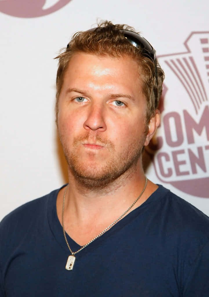 Nick Swardson 桌布 壁紙 — 一個短金髮、頭戴太陽眼鏡的男人，穿著深藍色V領襯衫和狗牌項鍊，直視鏡頭。
