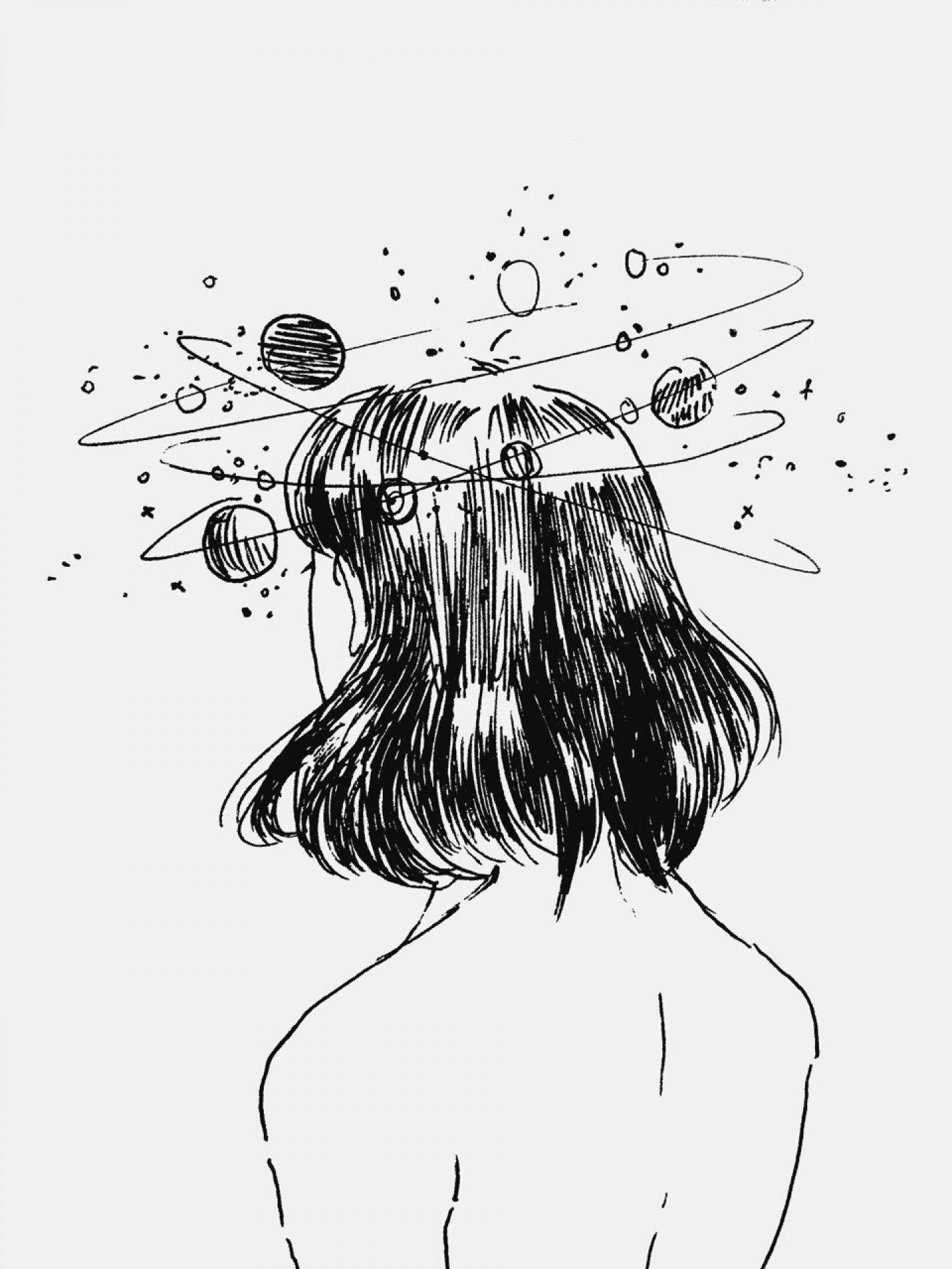 女孩 桌布 壁紙 — 一個短髮人物從背後觀看，宇宙行星和環在他們頭頂旋轉的黑色墨水素描。