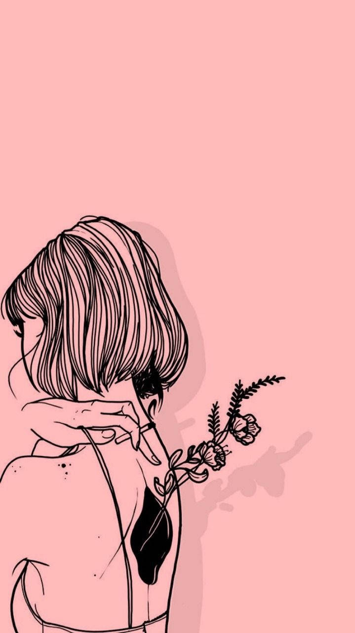 憂鬱少女美學 桌布 壁紙 — 一個短髮人物手持花朵，背景為柔和粉紅色的極簡線條藝術插圖。