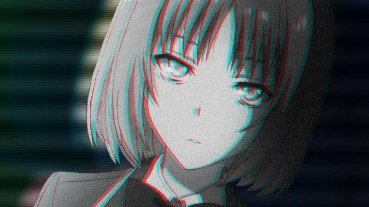 Edgy 桌布 壁紙 — 一個短髮動漫女孩在黑暗背景下，帶有故障效果的紅藍色分離，強烈地凝視著。