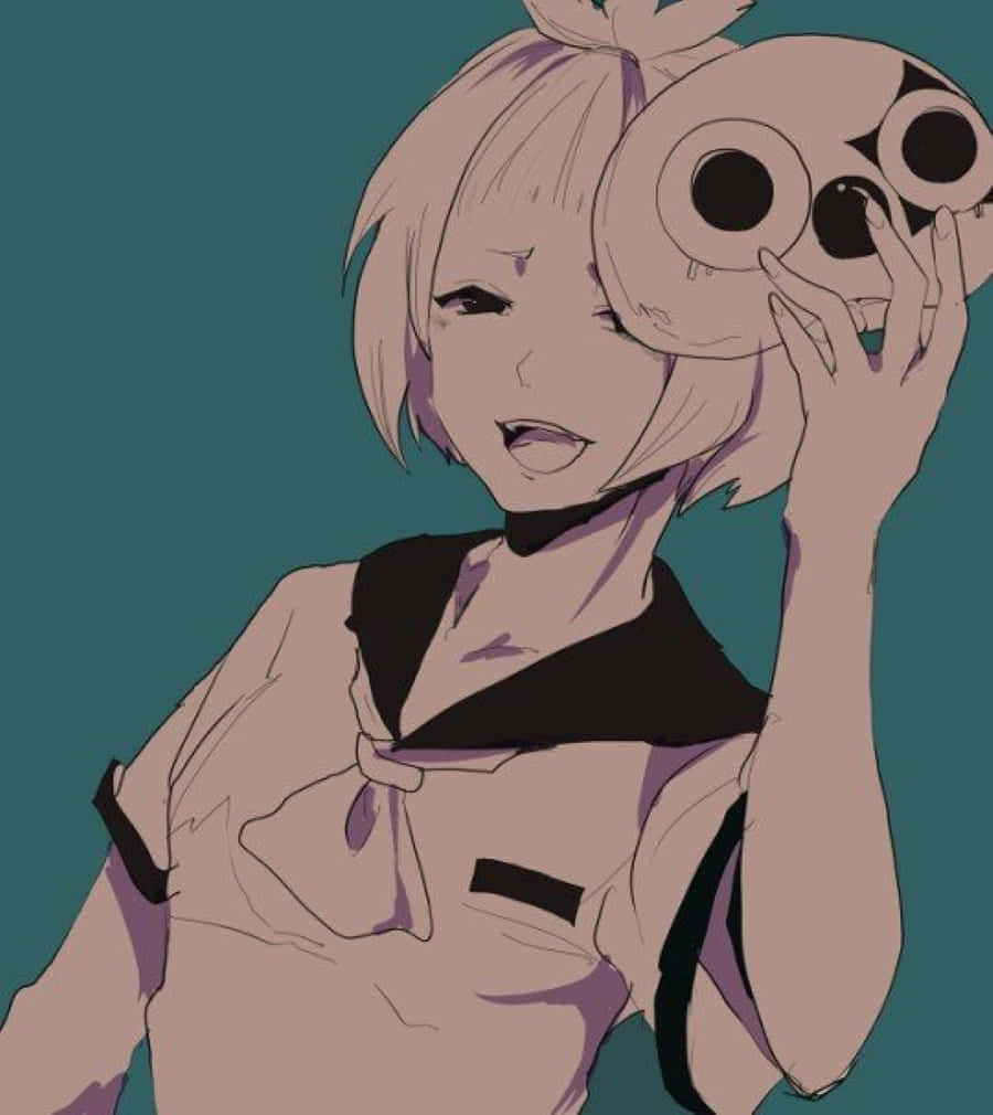 Roma Hoito 桌布 壁紙 — 一個短髮動漫女孩穿著水手服，在青綠色背景前將一個大眼睛面具貼在臉上。