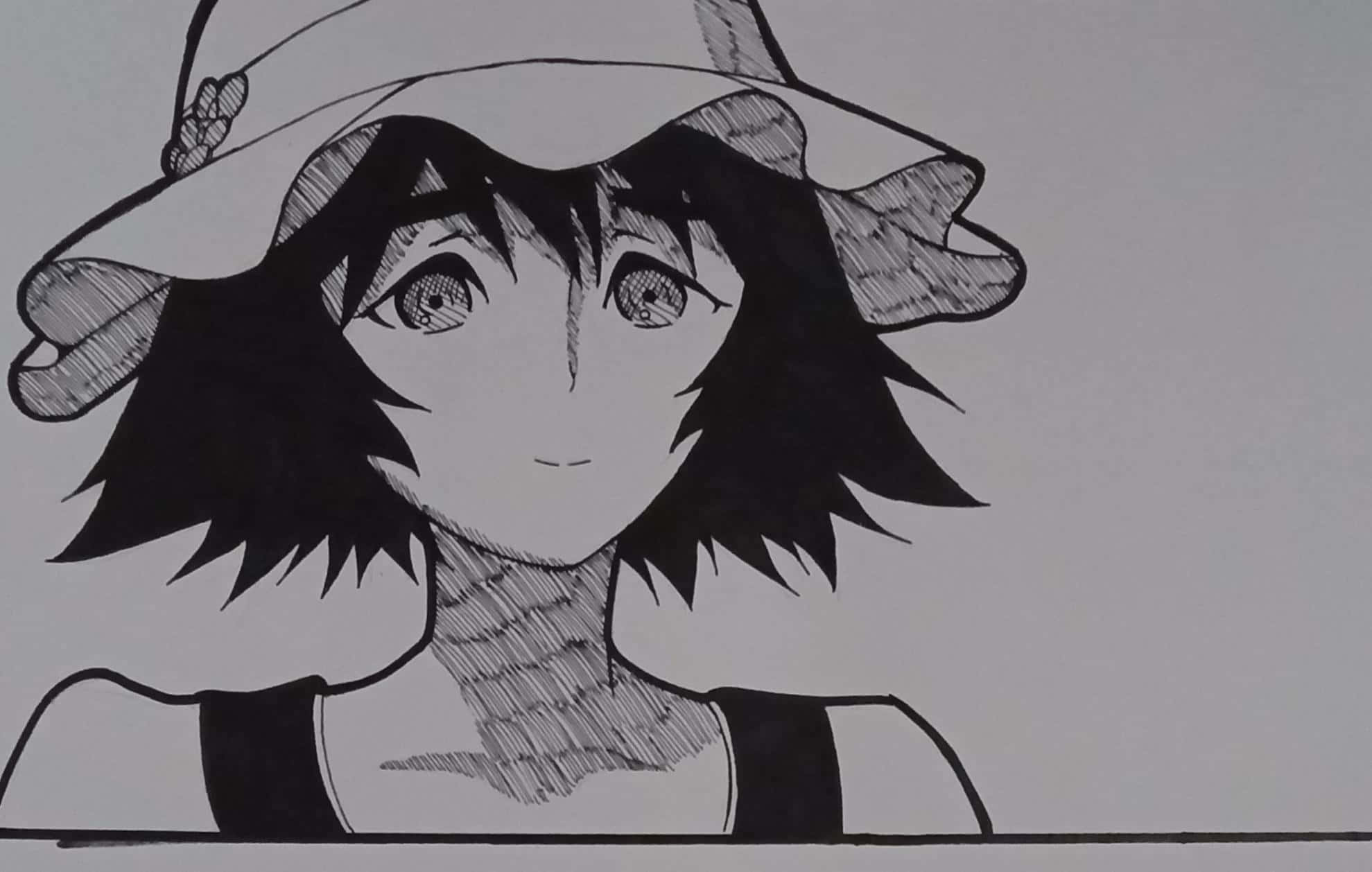 Mayuri Shiina 桌布 壁紙 — 一個短髮戴寬邊帽的女孩向上看的黑白動漫風格素描。