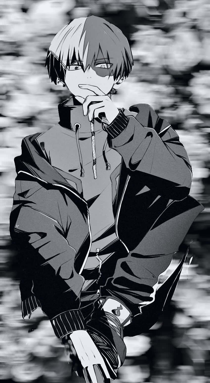 Todoroki Black 桌布 壁紙 — 一個短髮戴眼鏡的單色動漫男孩，手托下巴，若有所思地坐在模糊的背景前。