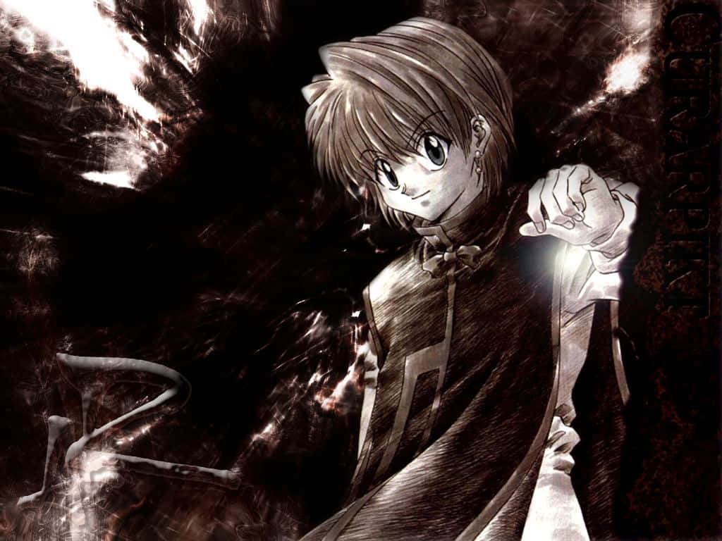 Shonen Anime 桌布 壁紙 — 一個短髮戴蝴蝶結的單色動漫女孩，在黑暗抽象背景前微笑指向前方。
