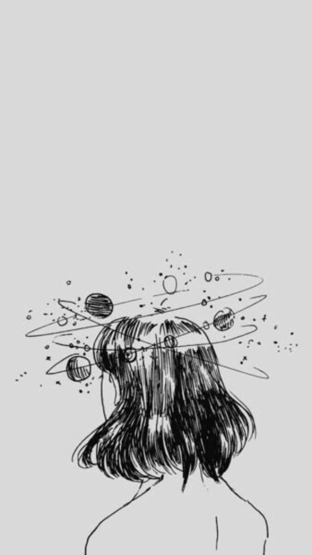 Sketches 桌布 壁紙 — 一個短髮的人頭頂上有宇宙星系旋轉，包含行星和星星。