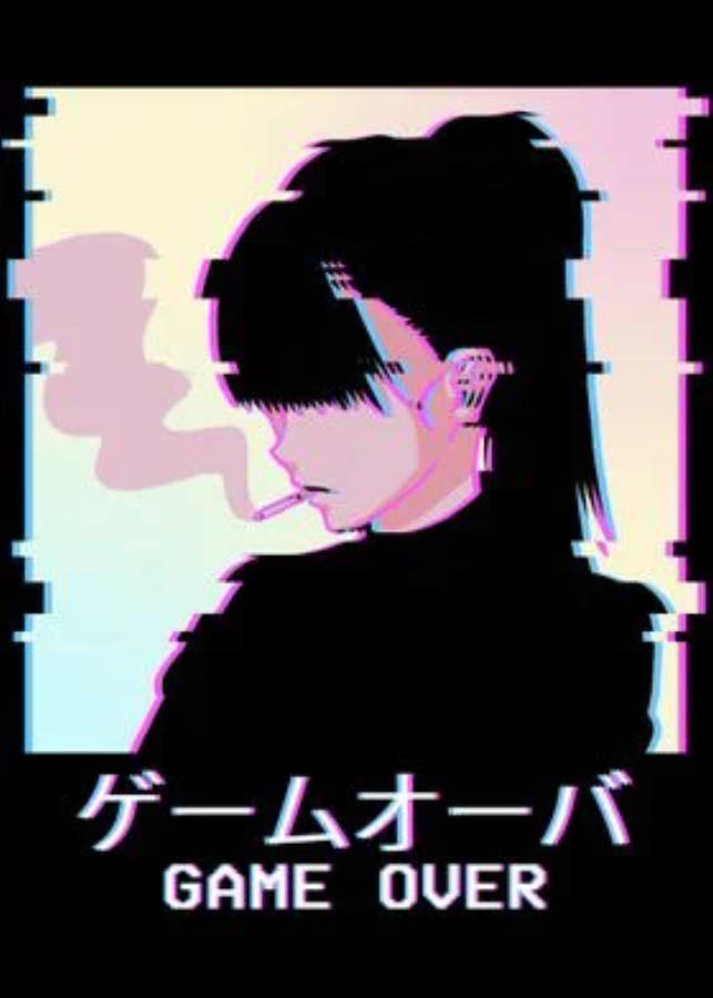 aesthetic sad anime girl 桌布 壁紙 — 一個短髮的故障藝術動漫女孩在帶有日文字句的粉彩漸變背景上抽煙。