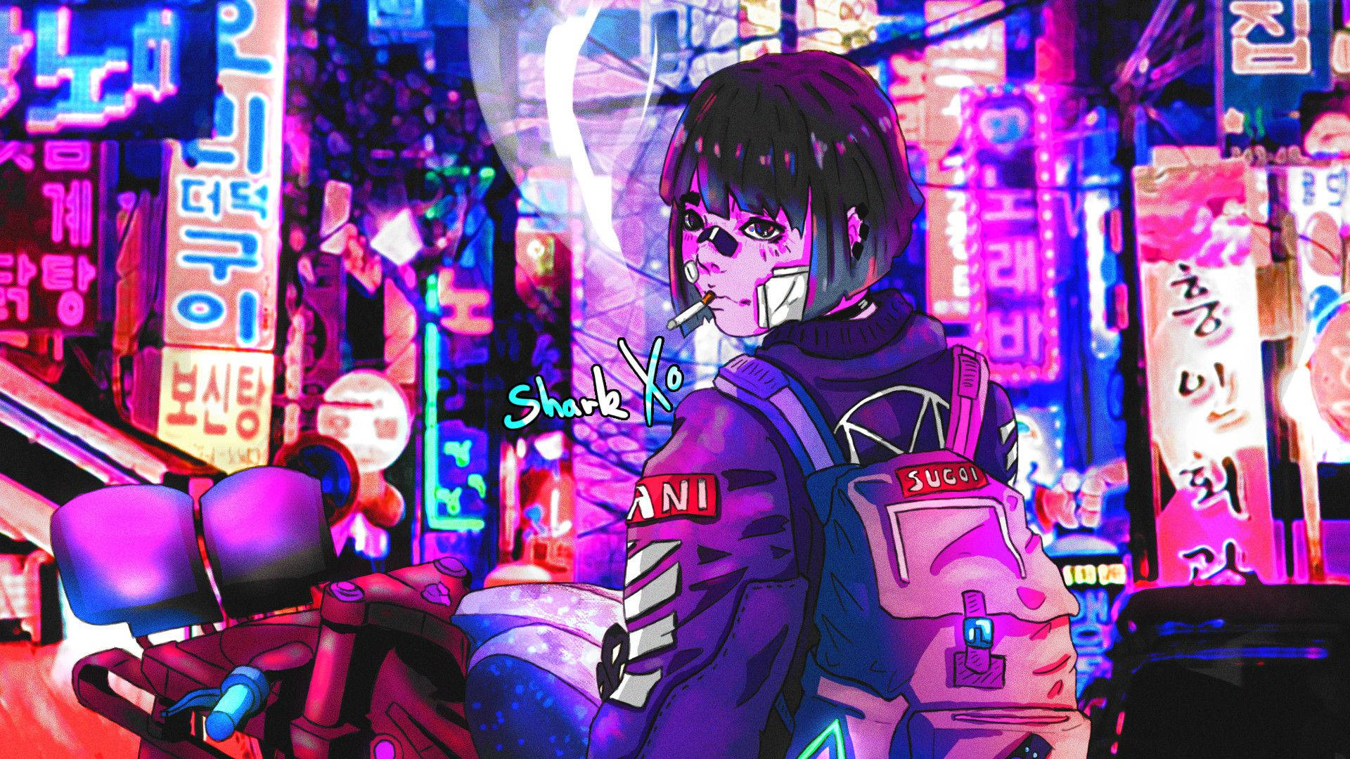 動漫女孩 桌布 壁紙 — 一個短髮背著背包的賽博龐克動漫女孩，站在霓虹燈閃爍的韓國街道上抽煙。