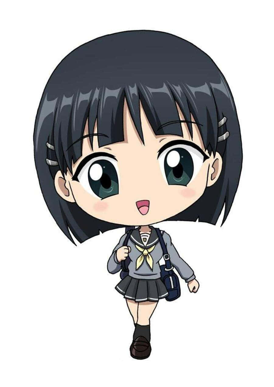Suguha Kirigaya 桌布 壁紙 — 一個短黑髮、大眼睛的Q版動漫女孩，穿著校服，在純白背景上開心地走著。