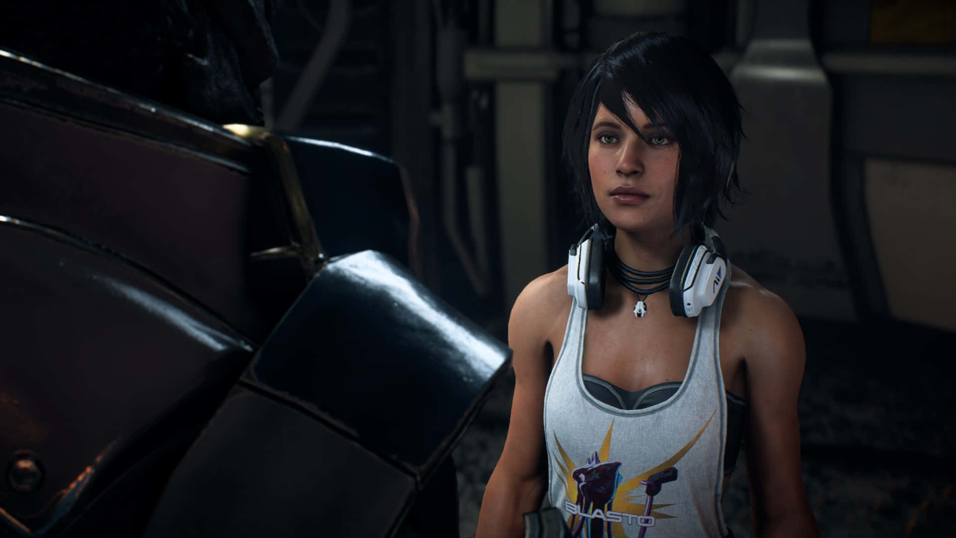 Mass Effect Andromeda 桌布 壁紙 — 一個短黑髮、戴白色耳機的女性角色，站在燈光昏暗的未來風格室內，身穿帶有圖案設計的背心。