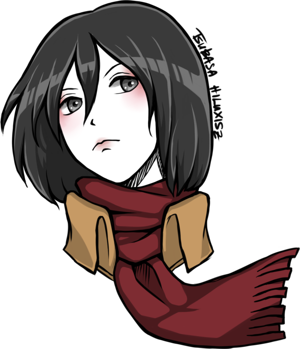 Mikasa Ackerman 桌布 壁紙 — 一個短黑髮、戴紅色圍巾的Q版動漫女孩，在黑色背景前顯得有點惱怒。