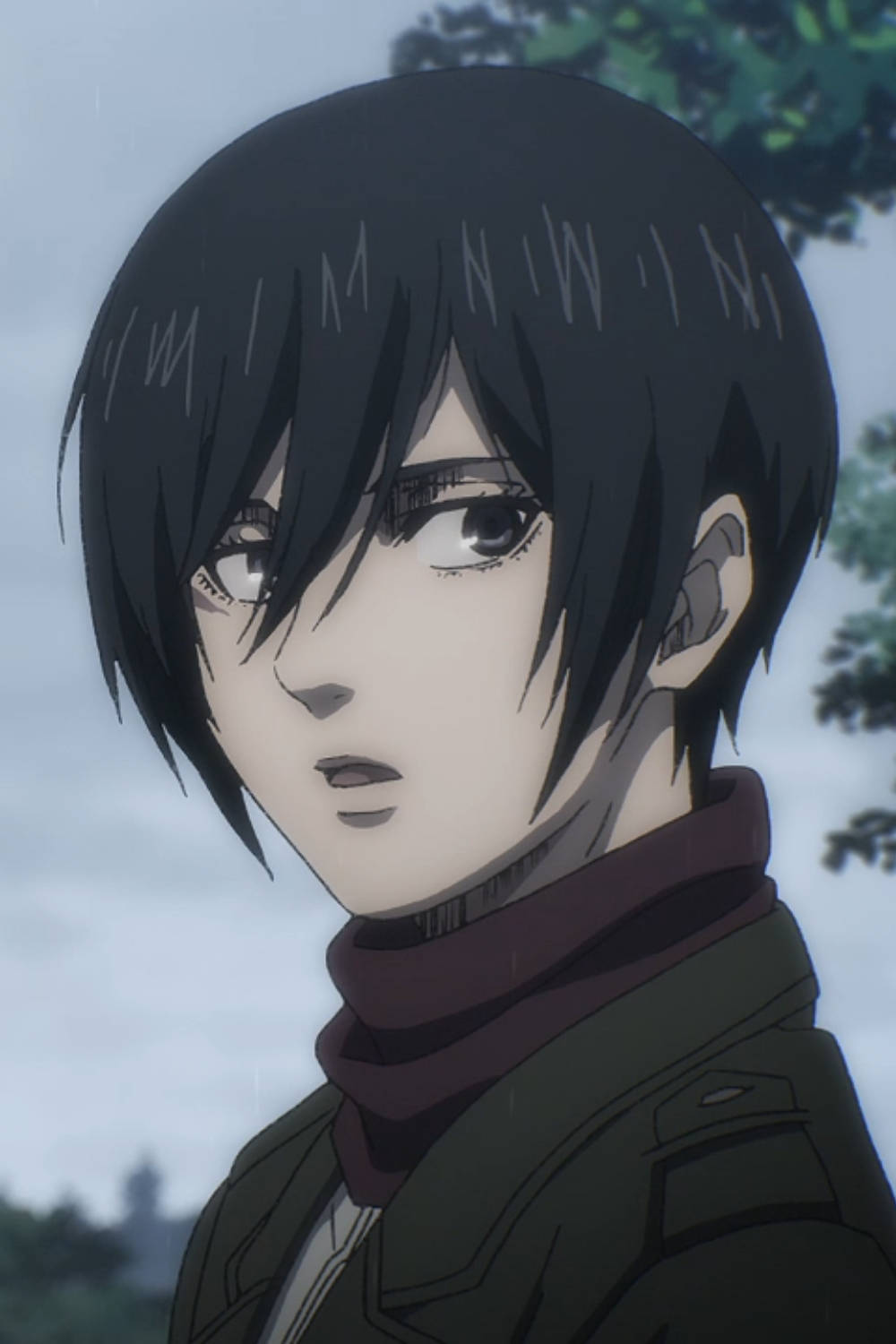 Mikasa Ackerman 桌布 壁紙 — 一個短黑髮、表情嚴肅的動漫角色特寫，站在雨中，背景是模糊的綠色植物。