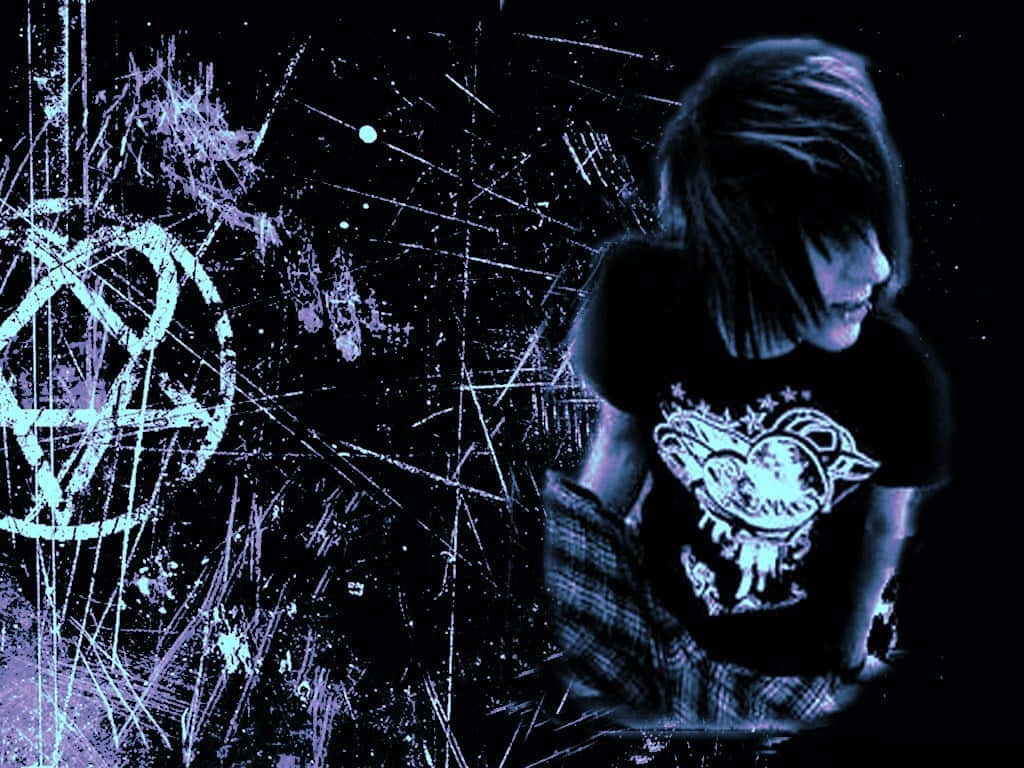 Emo Anime Boy 桌布 壁紙 — 一個短黑髮的人坐在一個粗糙的藍色照明空間中，周圍有刮痕和發光的五角星符號。