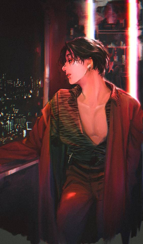 Kpop Aesthetic 桌布 壁紙 — 一個短黑髮的人坐在窗邊，俯瞰夜晚閃爍的霓虹城市景觀。