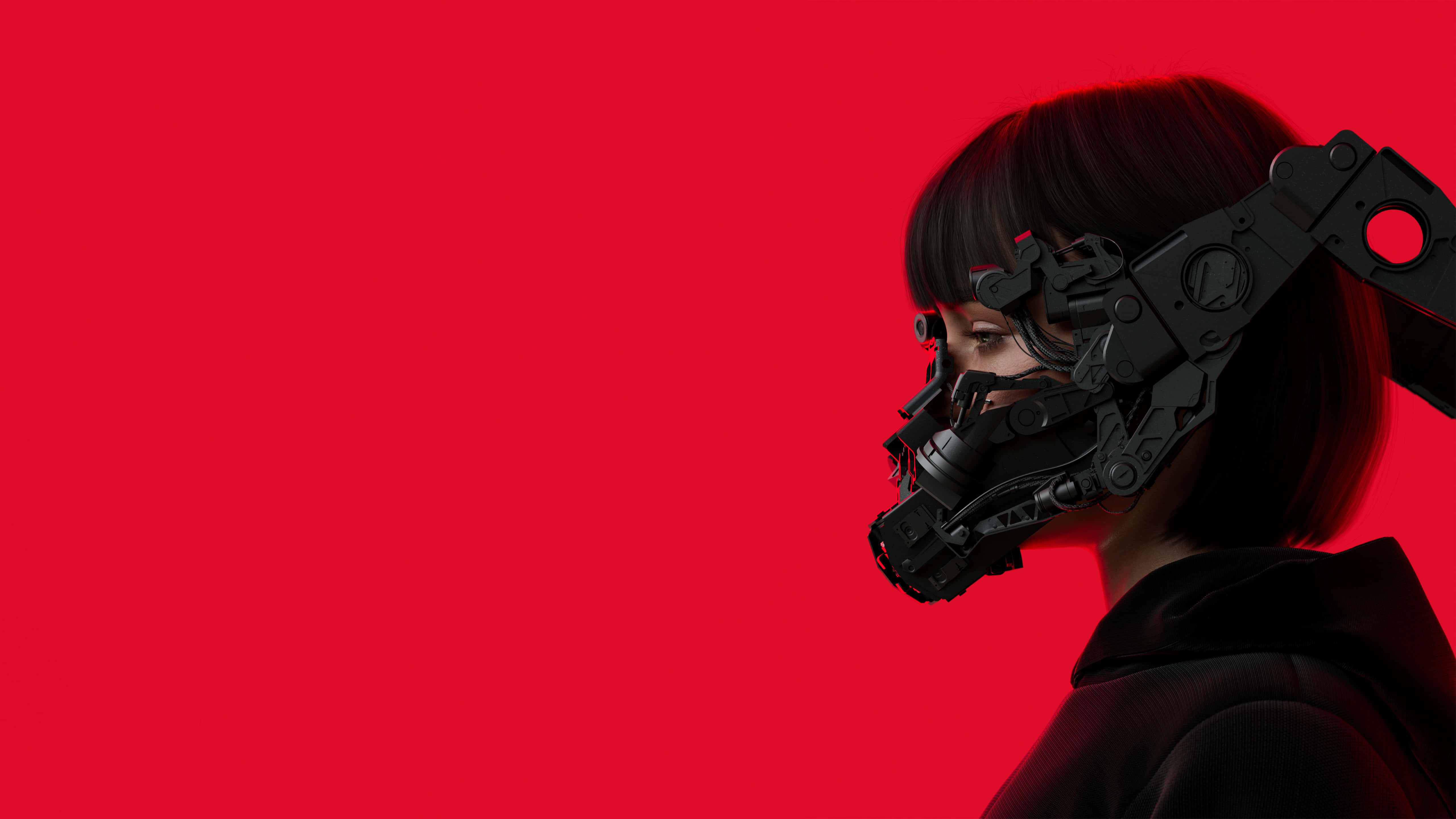 Cyberpunk Aesthetic 桌布 壁紙 — 一個短黑髮的人戴著黑色機械面具，背景為純紅色。