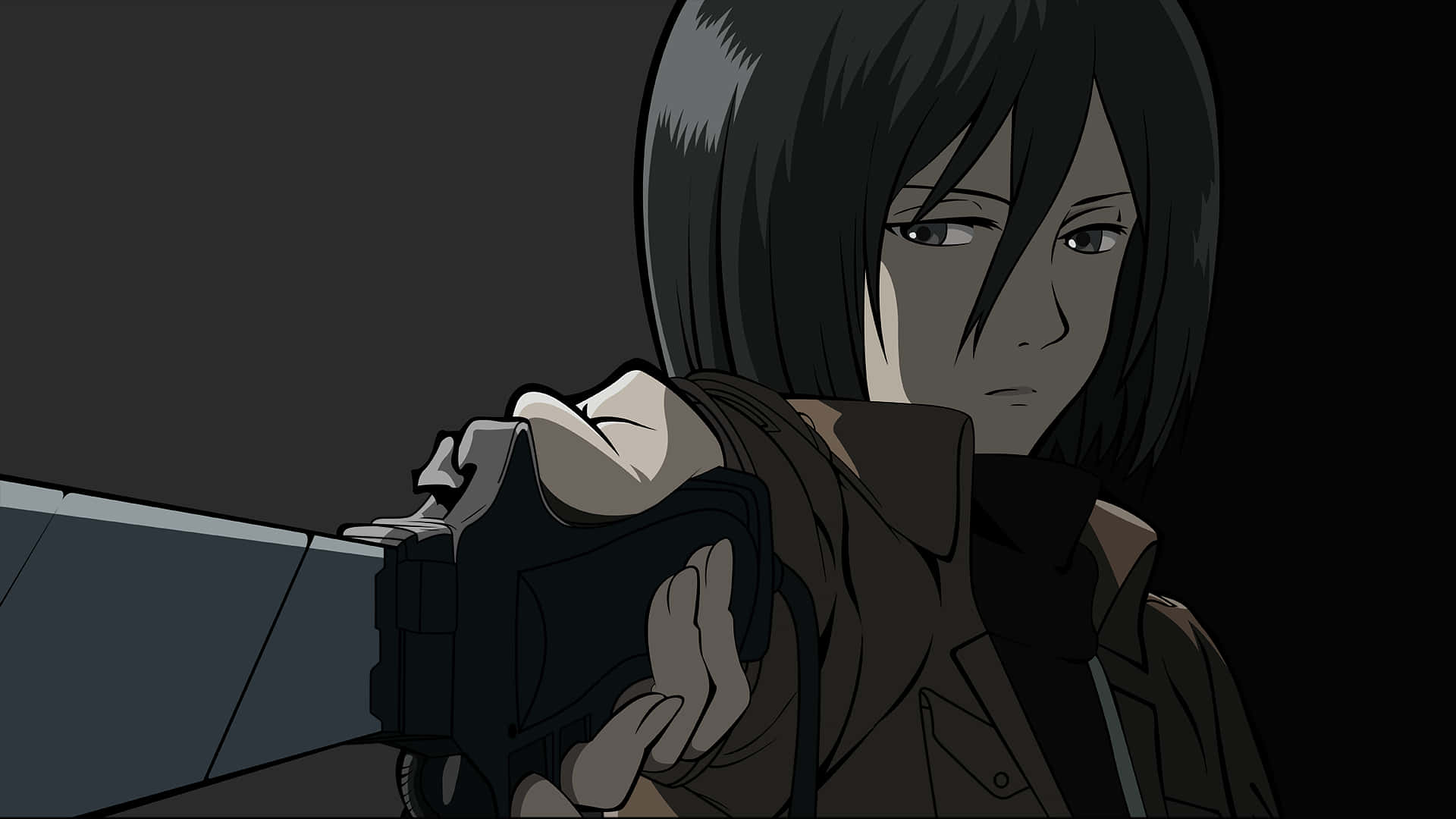 Mikasa Ackerman 桌布 壁紙 — 一個短黑髮的堅定動漫女孩在昏暗場景中，帶有強烈陰影，瞄準手槍。