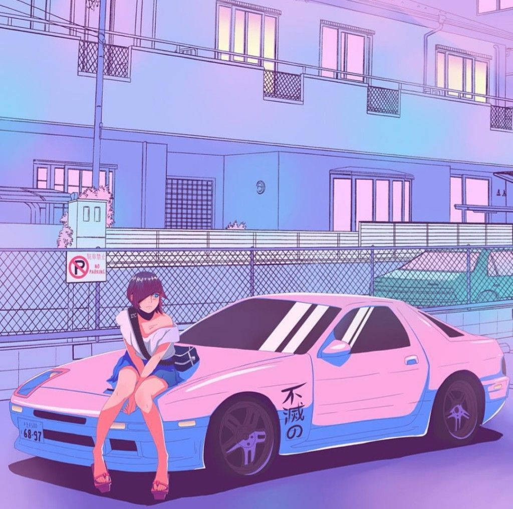 美學 桌布 壁紙 — 一個短黑髮的女孩坐在一輛粉藍色跑車上，該車停放在黃昏時分霓虹燈閃爍的都市街道上。