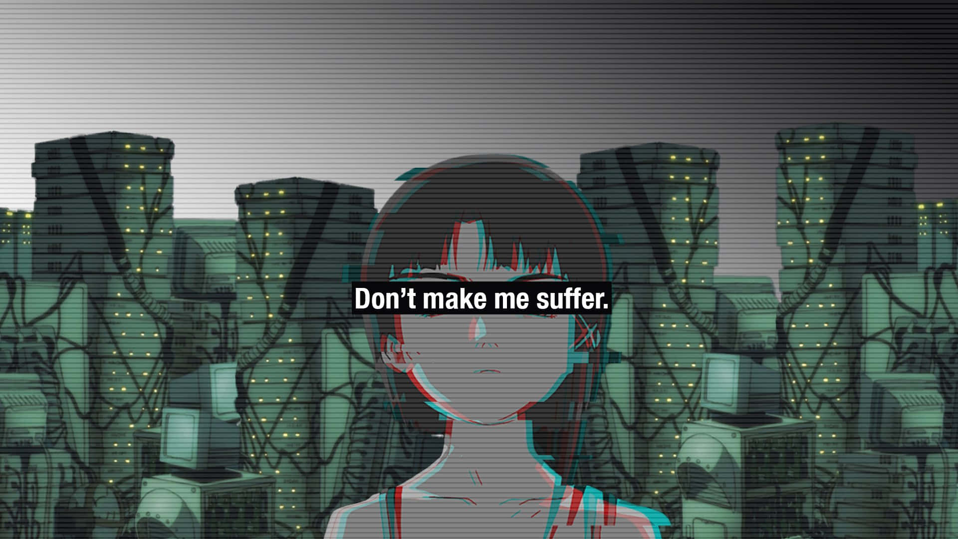 動漫女孩 桌布 壁紙 — 一個短黑髮的故障動畫女孩站在灰色天空下，面前是發光的塔樓和纏繞的電線構成的賽博龐克城市景觀。