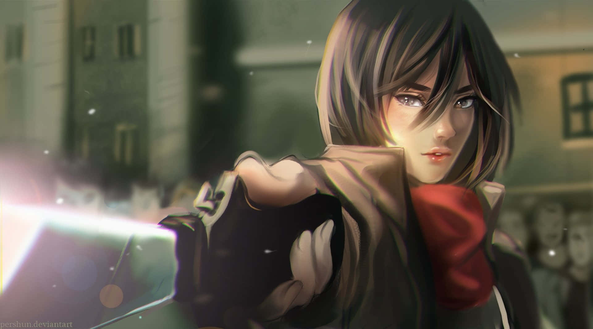 Attack On Titan Poster 桌布 壁紙 — 一個短黑髮的決心動畫女孩在雨中的城市小巷中揮舞著發光的劍。