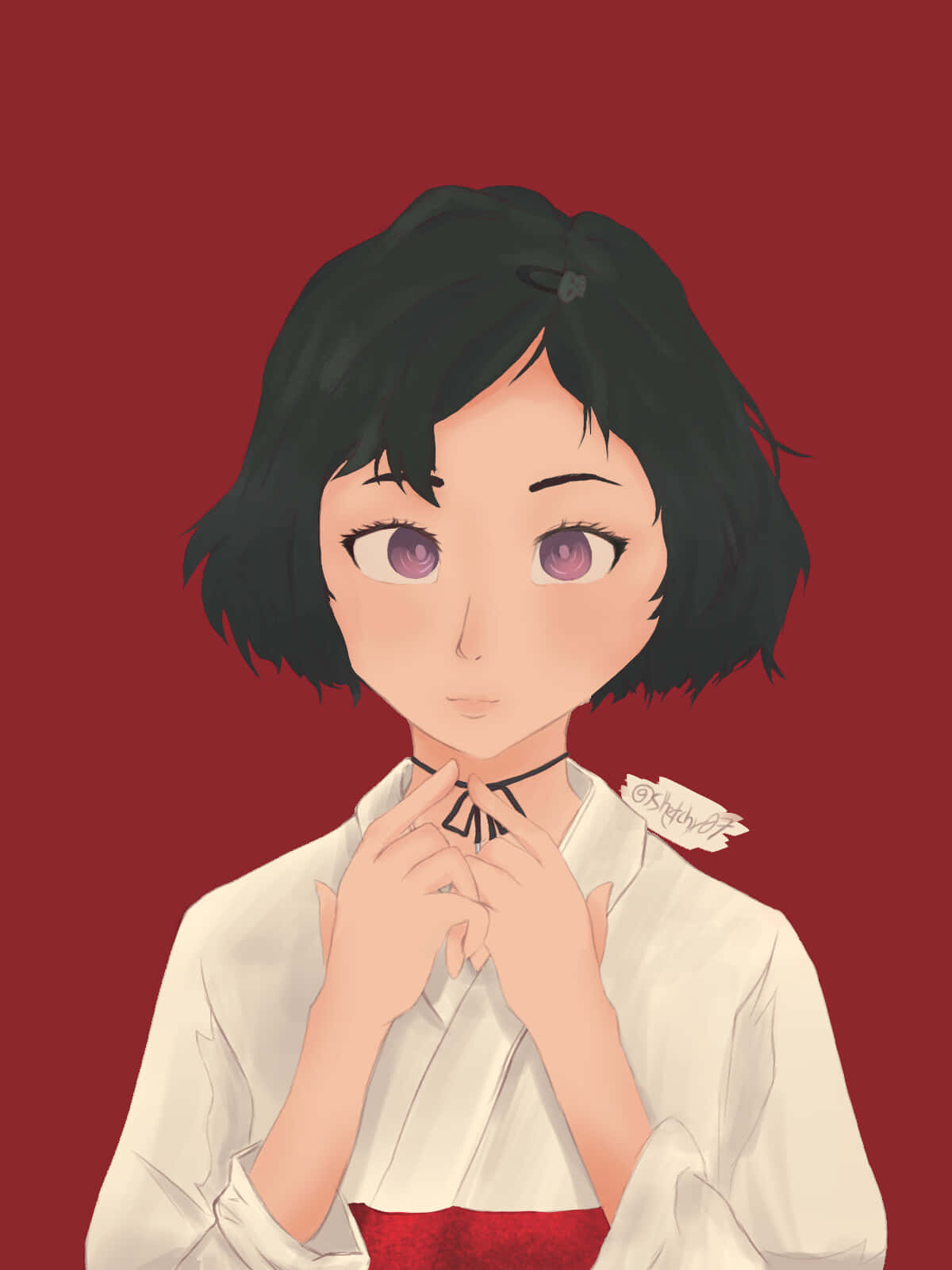 Luka Urushibara 桌布 壁紙 — 一個短黑髮紫眼的年輕動漫女孩，在純紅色背景前輕輕將一條頸鍊貼住自己的脖子。