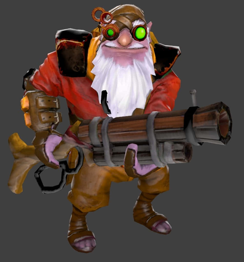 Dota 2 Sniper 桌布 壁紙 — 一個矮胖的地精，戴著發光的綠色護目鏡，留著白色鬍鬚，在灰色背景下揮舞著一個大型木製大砲。