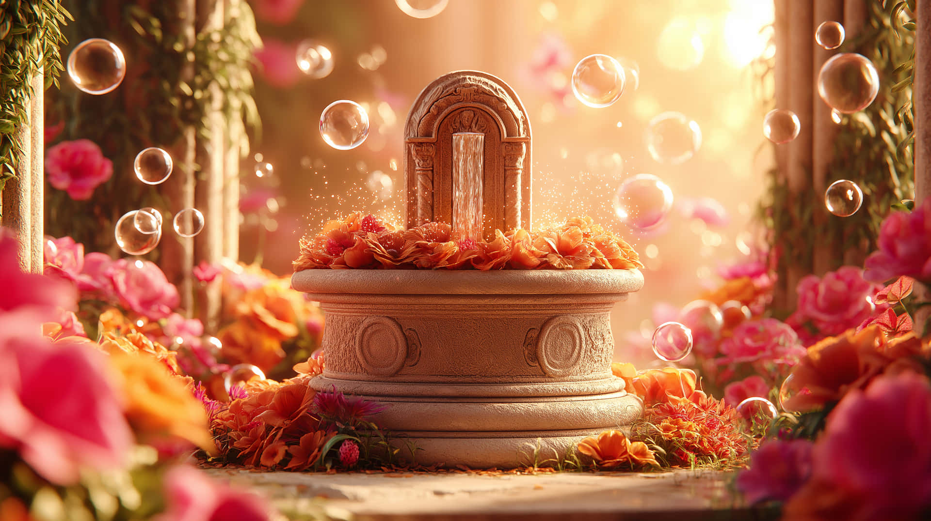 Fairy Wishing Well 壁紙 — 一個石噴泉裝飾著橙色和粉紅色的玫瑰，輕輕流淌，金色的光線穿過周圍的樹葉和漂浮的氣泡。
