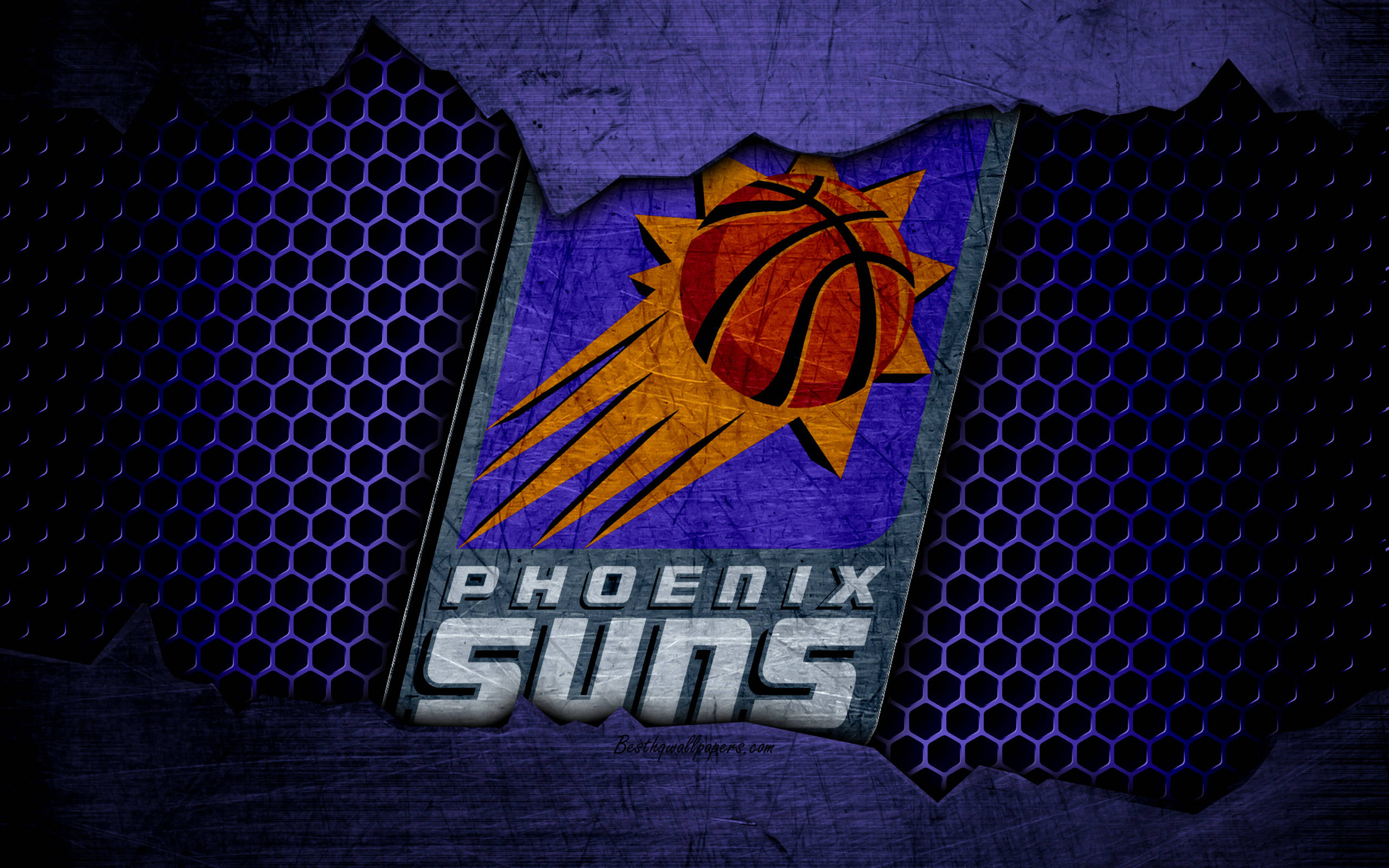 Suns 桌布 壁紙 — 一個破損的鳳凰城太陽隊標誌從深藍色六角形網格背景中剝落，帶有粗糙紋理。