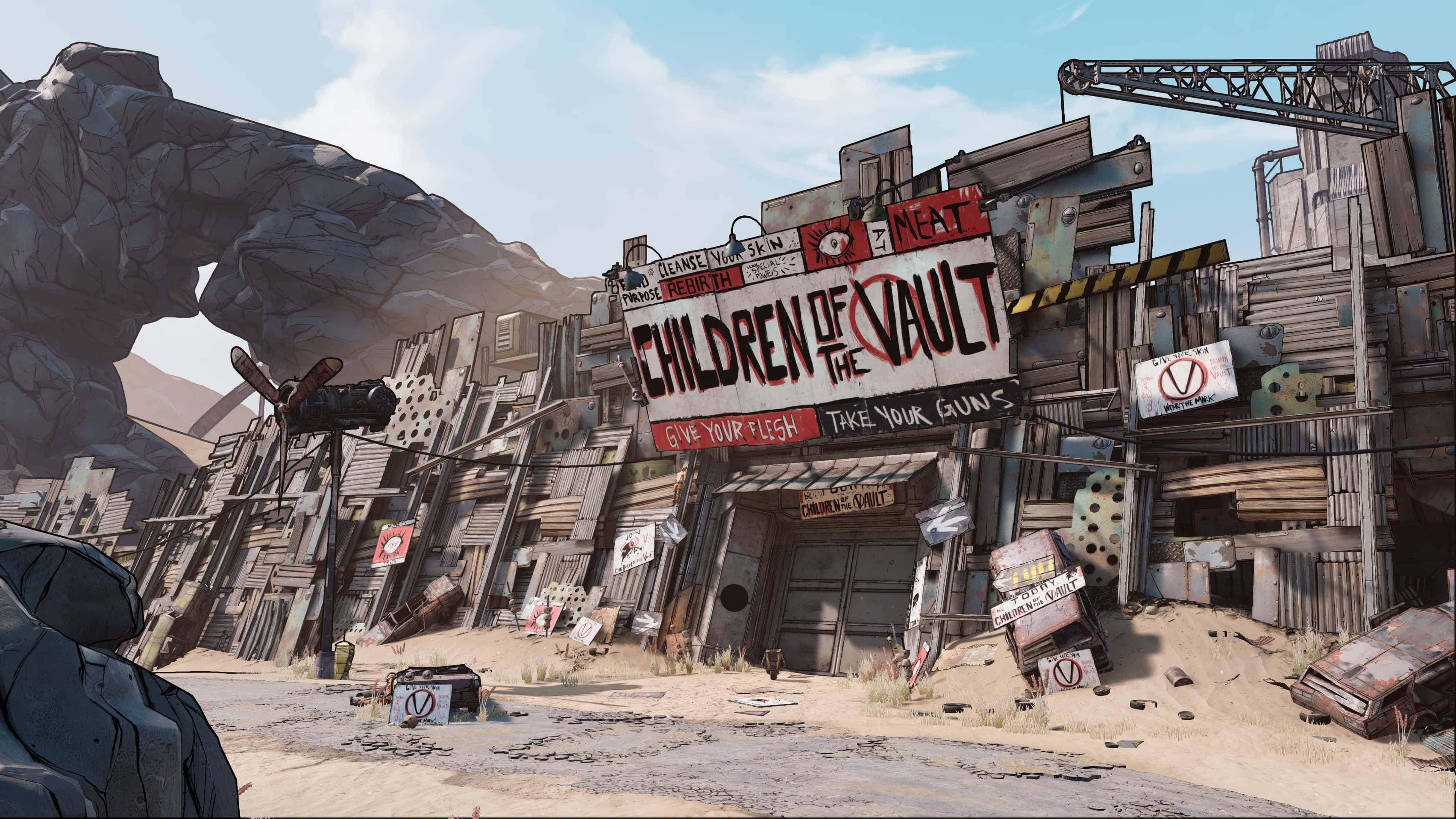 4K Borderlands 3 桌布 壁紙 — 一個破敗的沙漠前哨站，在明亮的天空下，鏽蝕的金屬和散落的碎片中，有一個風化的標誌寫着 'Children of the Vault'。