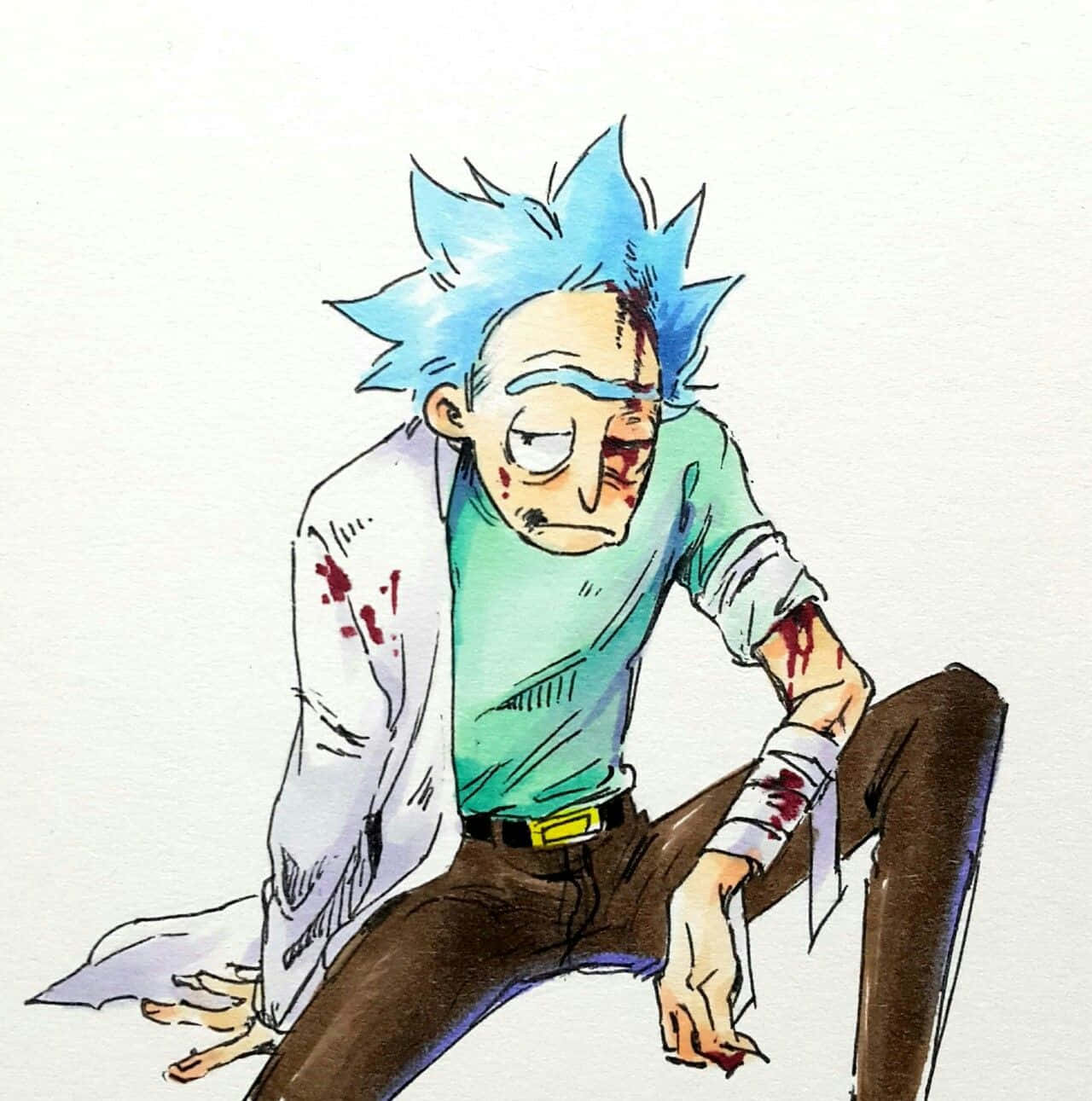 Squanchy 桌布 壁紙 — 一個破爛的藍髮動漫科學家，臉上和衣服上沾滿血跡，癱坐在素色背景前。