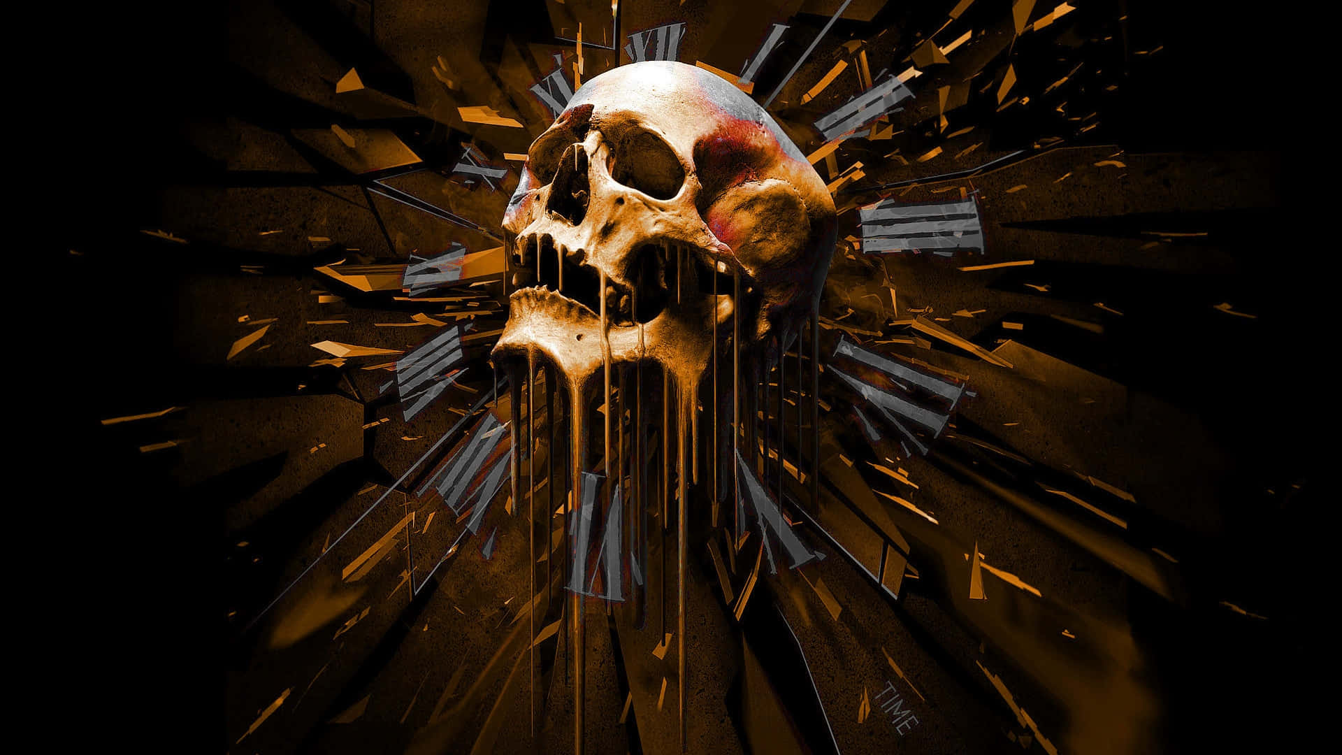 Evil Skull 桌布 壁紙 — 一個破碎時鐘頭骨在黑暗背景上滴落時間，構成戲劇性的數位藝術作品。