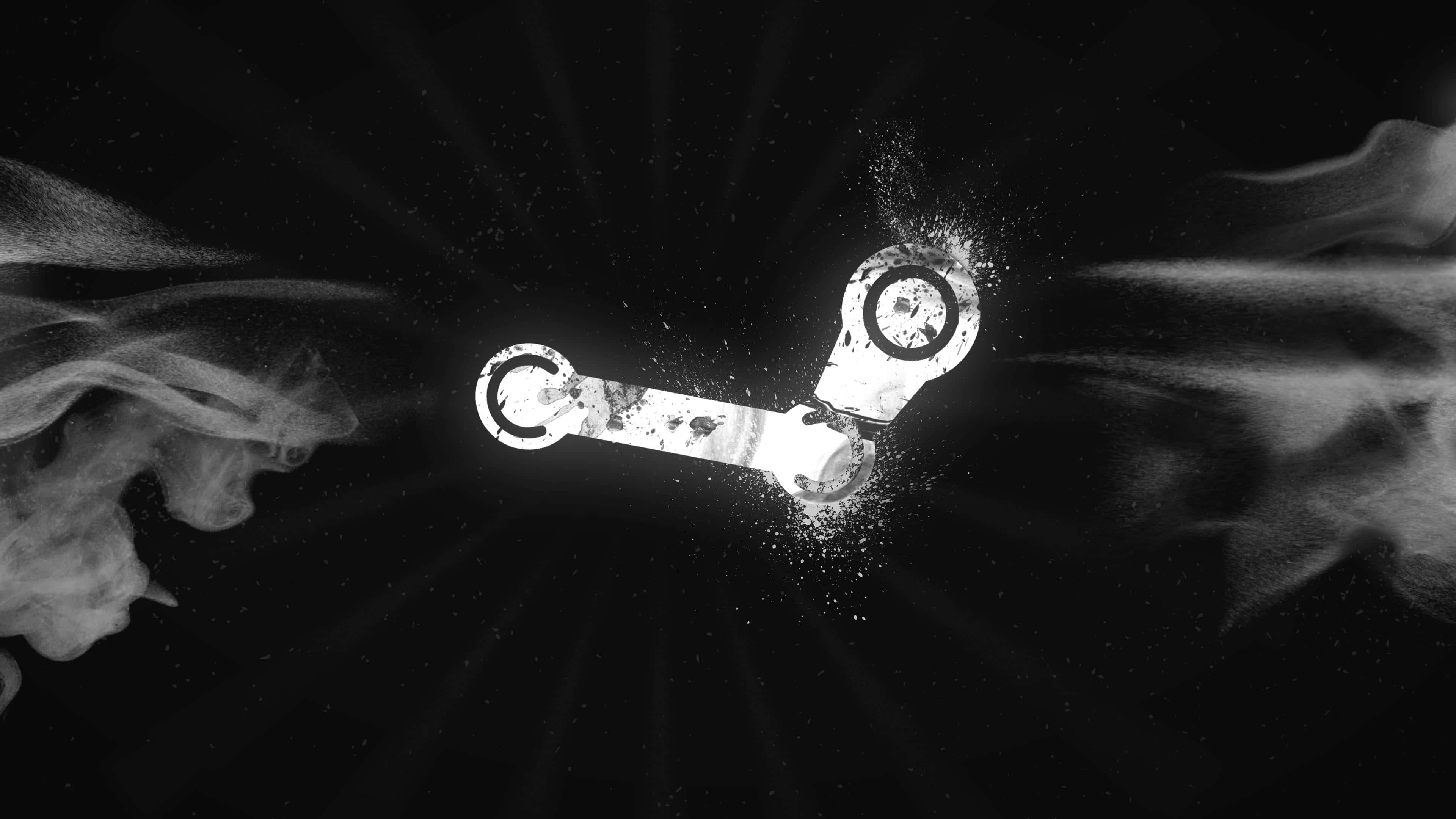 蒸氣龐克 桌布 壁紙 — 一個破碎的 Steam 標誌在黑暗的宇宙背景下，伴隨著旋轉的煙霧和耀眼的光線，以單色爆炸開來。
