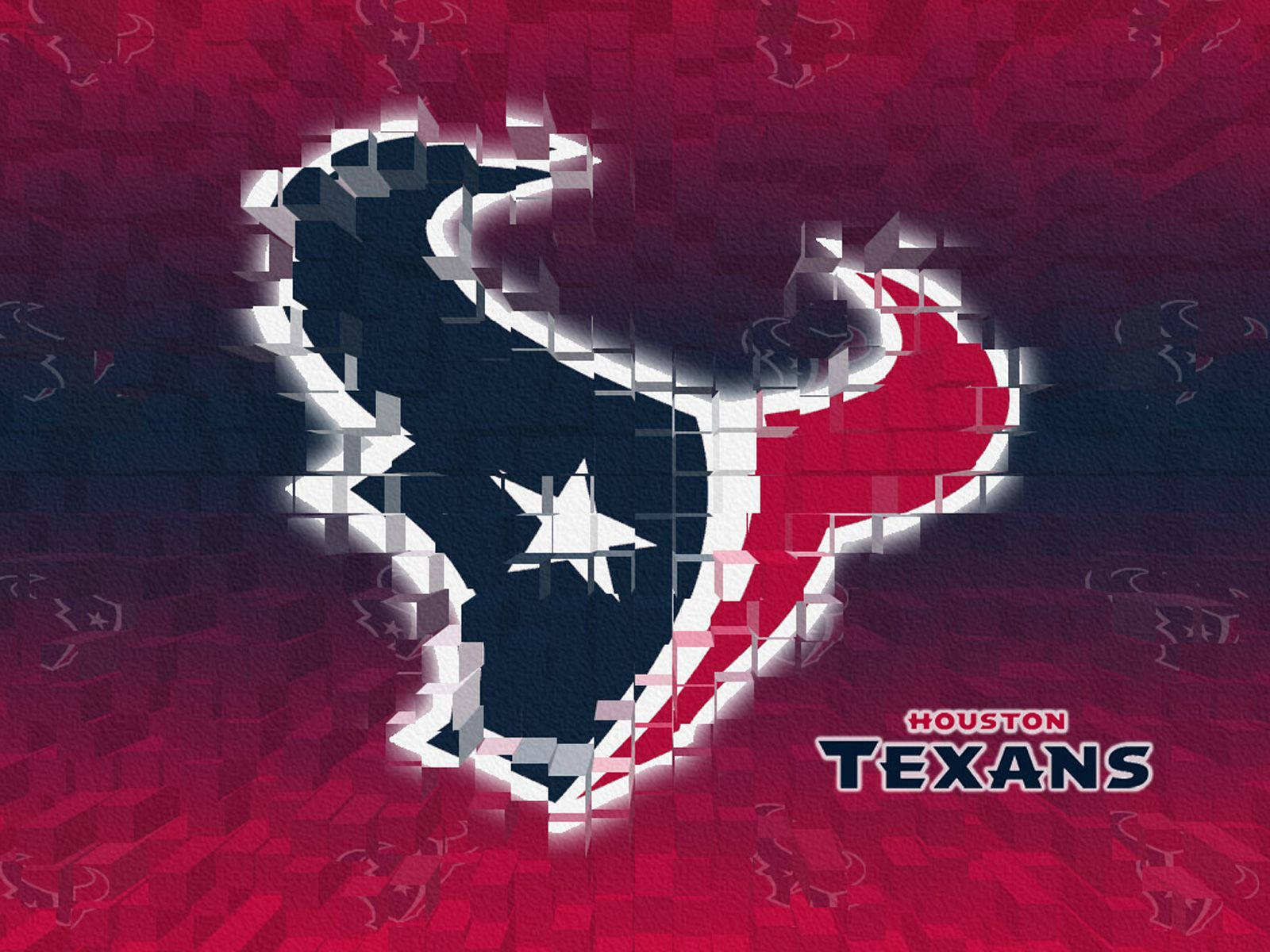 Texans 桌布 壁紙 — 一個破碎的3D渲染休士頓德州人隊標誌從帶有紋理的紅色背景中浮現，並帶有球隊名稱文字。