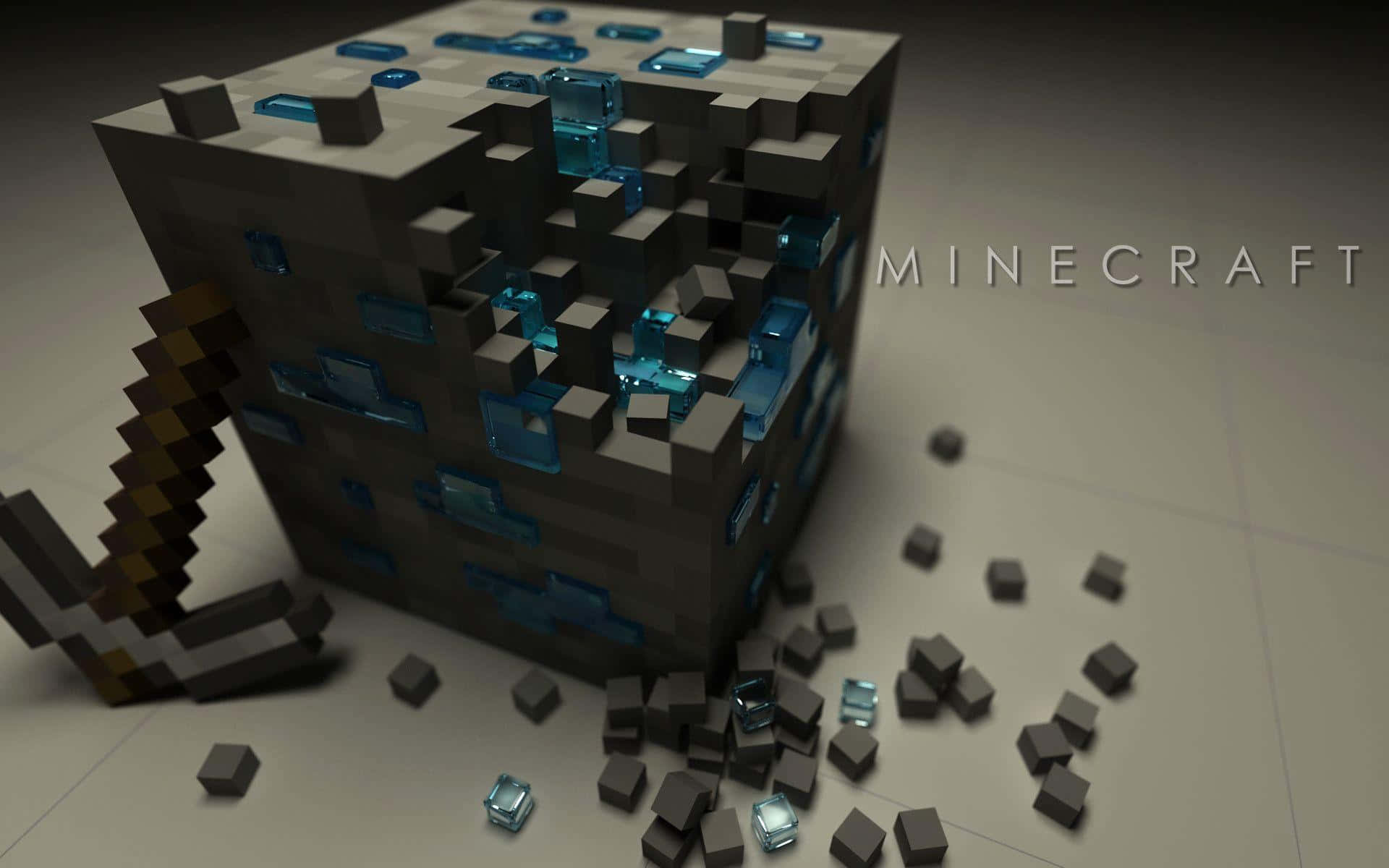 可愛 Minecraft 桌布 壁紙 — 一個破碎的Minecraft石塊，旁邊有發光藍色水晶和像素化鎬，在普通地板上。