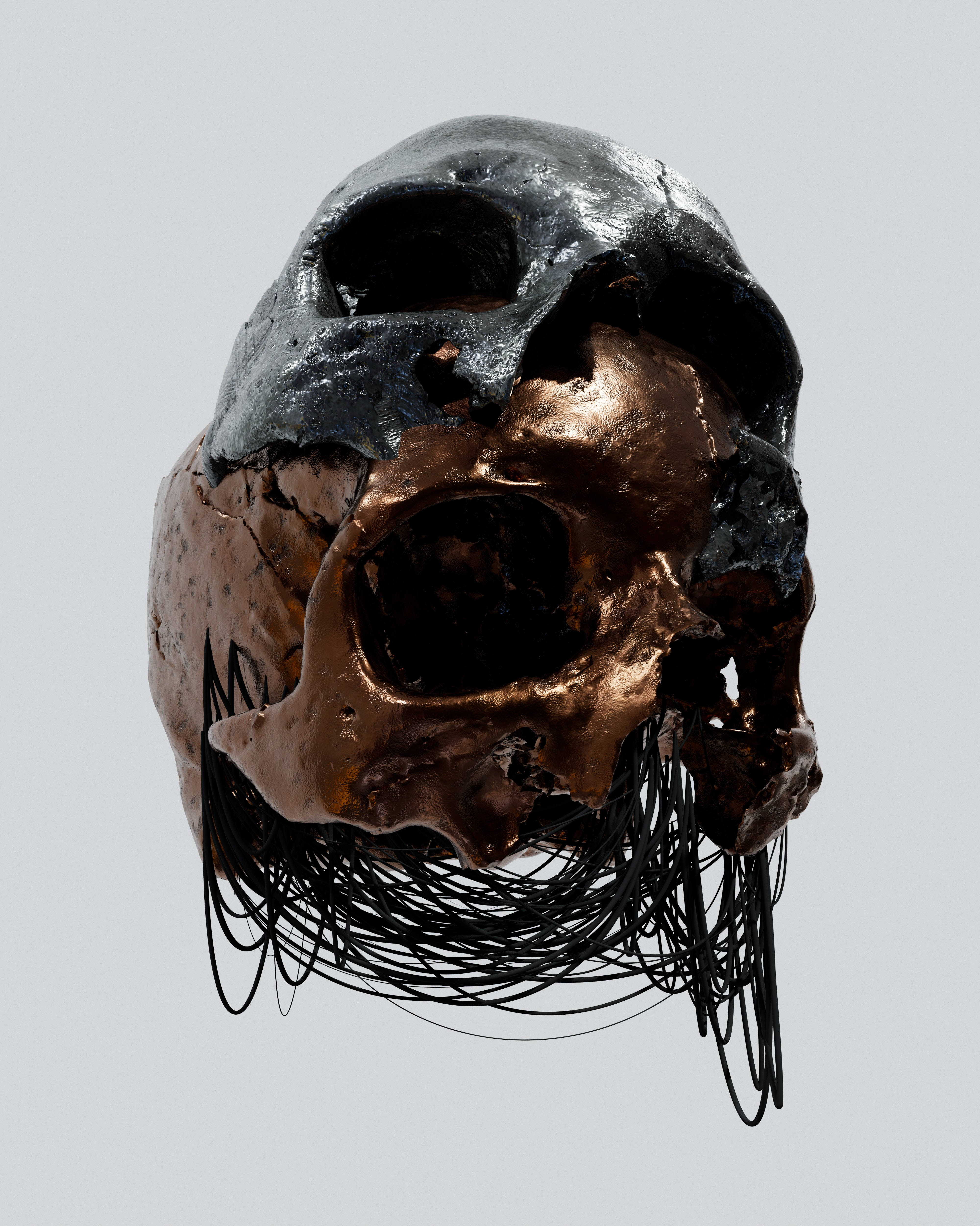 skulls 桌布 壁紙 — 一個破碎的古代頭骨，帶有金屬青銅和黑色銅鏽，纏繞著雜亂的黑色電線，背景是純灰色。