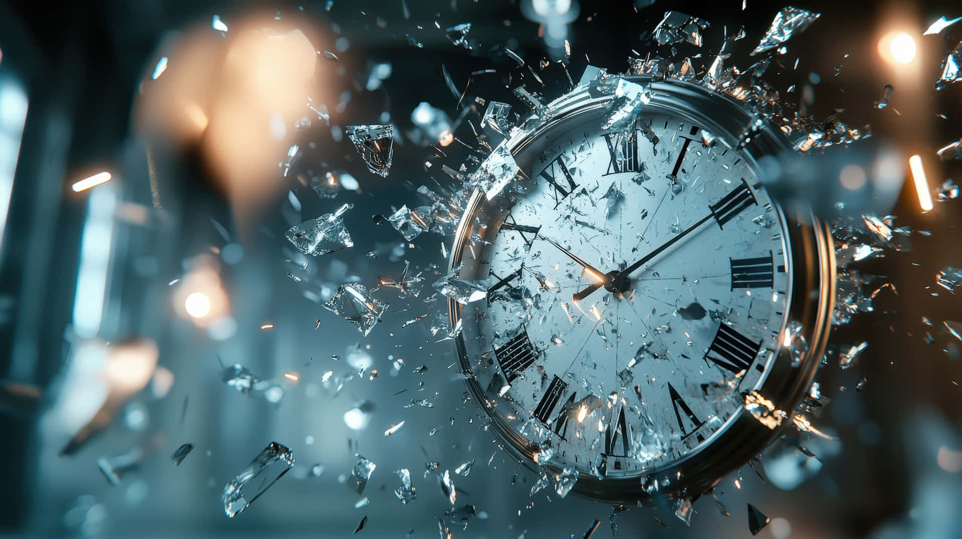 Shattering Clock with Flying Glass Fragments 壁紙 — 一個破碎的復古羅馬數字時鐘在半空中爆炸，背景是模糊的城市景觀和溫暖的散景燈光。