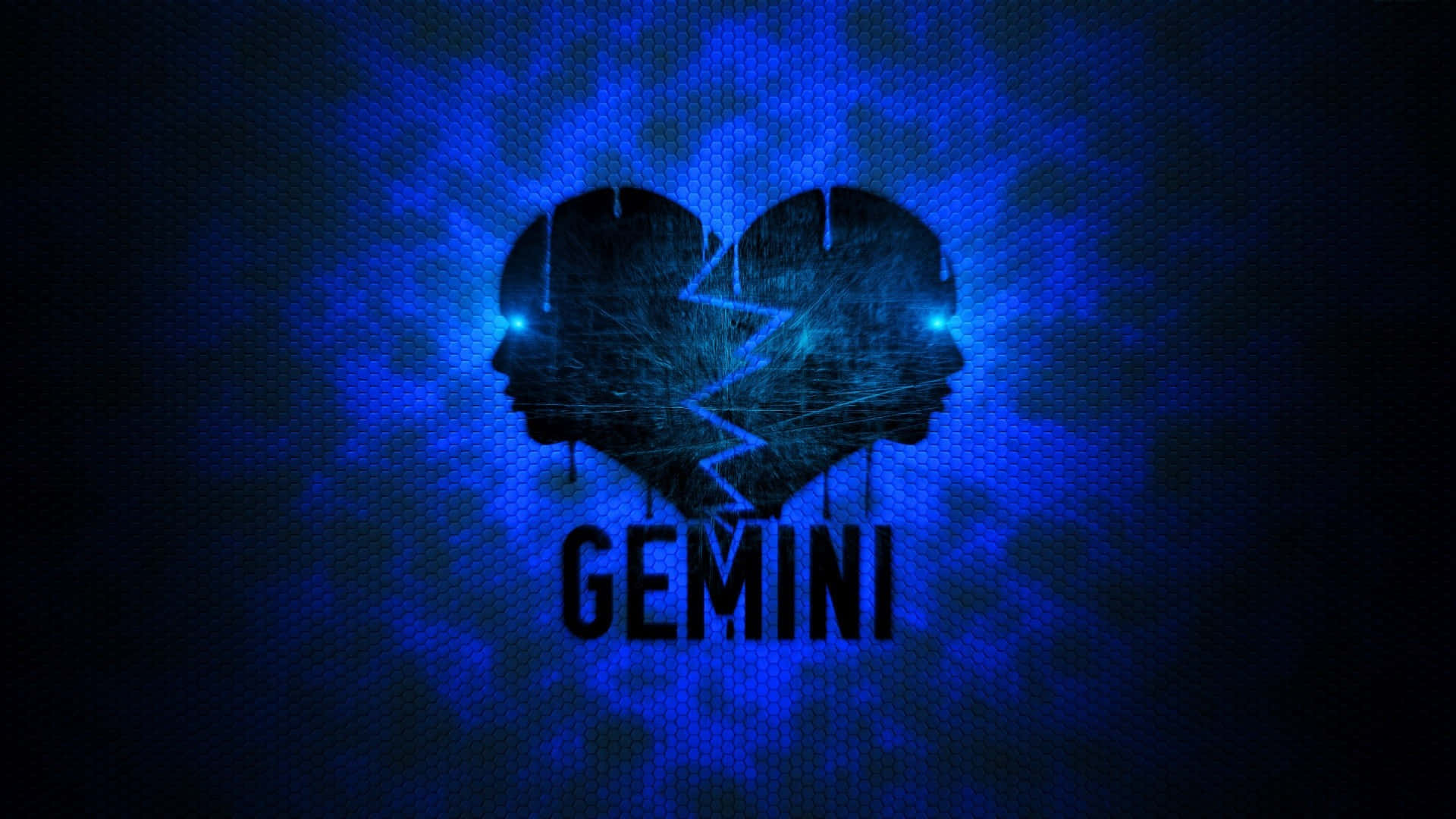 gemini 桌布 壁紙 — 一個破碎的心形剪影，兩個面孔發出藍色光芒，背景為六邊形紋理，下方有GEMINI字樣。