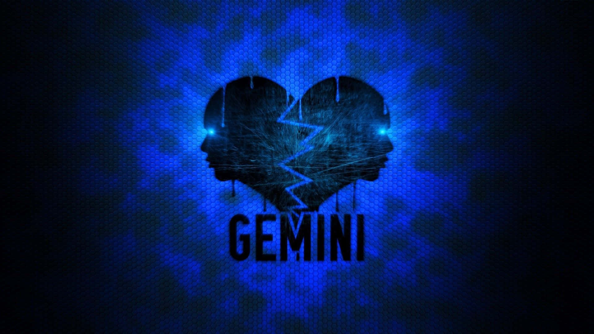gemini 桌布 壁紙 — 一個破碎的心形剪影，兩個面對面的輪廓在紋理藍色數位背景上發光，下方有 GEMINI 字樣。
